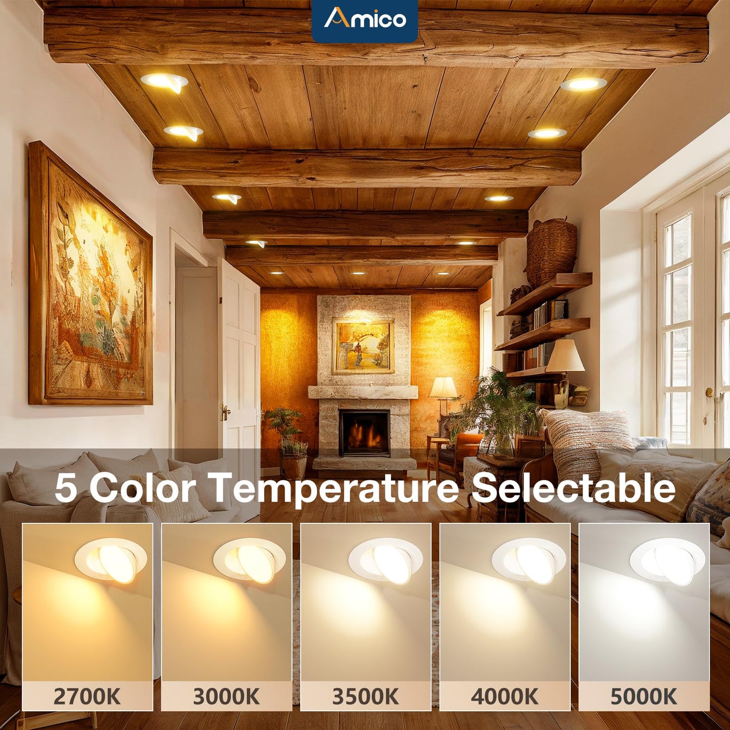 Amico 4 Pack 6 Inch 5Cct Gimbal Led Recessed Lighting  360&90 Adjustable Eyeball Directional Downlight  Dimmable  2700K/3000K/3500K/4000K/5000K Selectable  Cri90+ 12W 1200Lm  Etl&Fcc