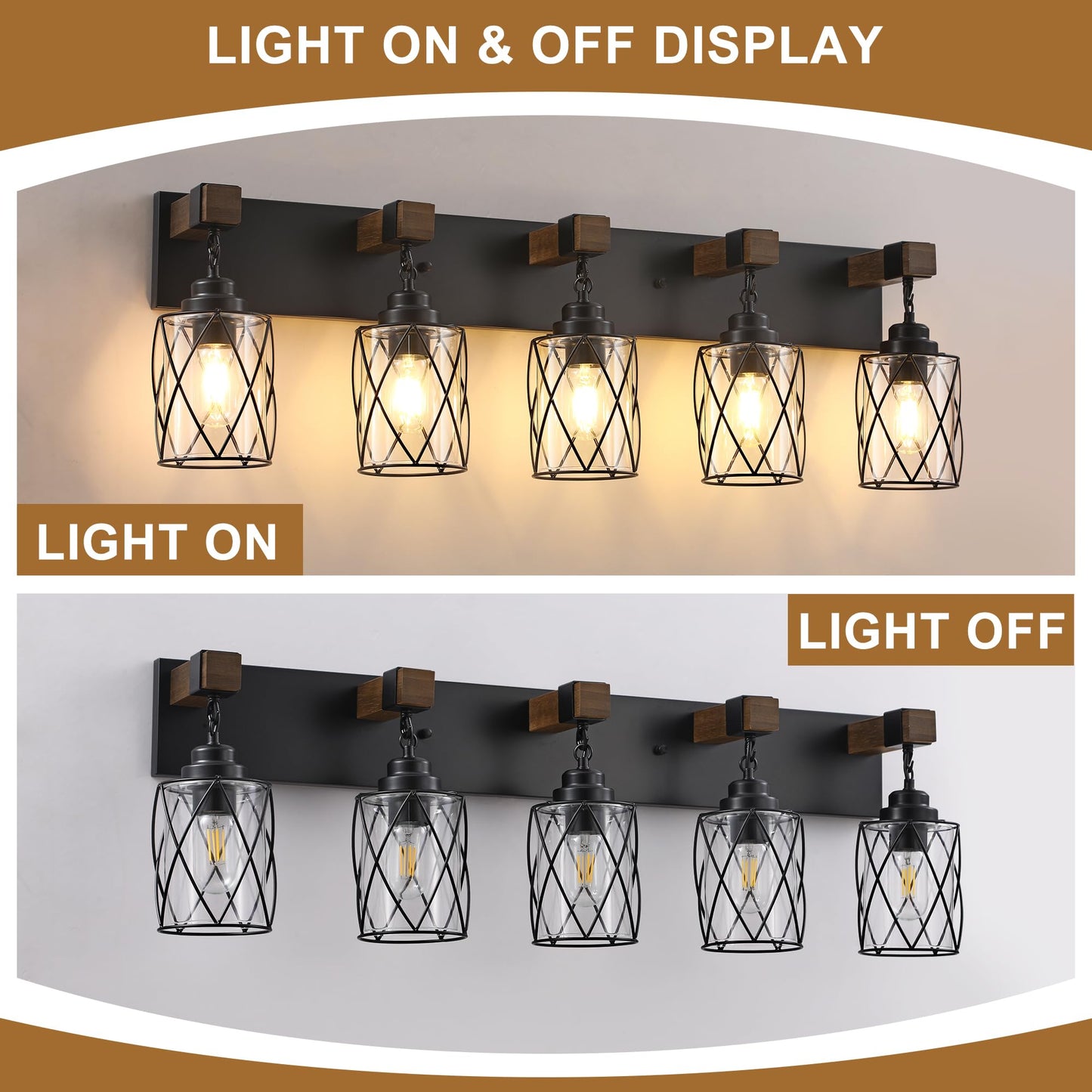 Farmhouse Bathroom Light Fixtures  5 Light Bathroom Vanity Light With Metal And Glass Lampshade  Wood Rustic Lighting Fixtures Over Mirror  Black Wall Sconces For Living Room  Bedroom