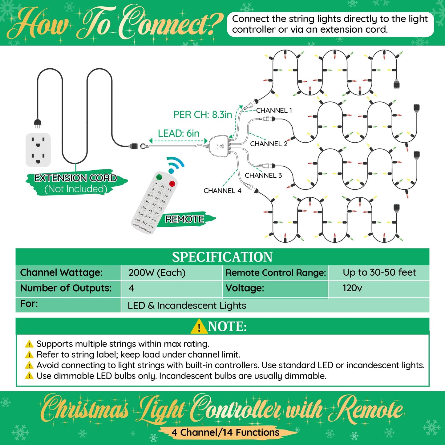Gulfmew Christmas Light Controller With Remote  Multiple Lighting Effects  Timer  Dusk To Dawn Sensor Control  For Indoor Outdoor Holiday Xmas Lights  Waterproof(4 Channel/14 Functions Black)