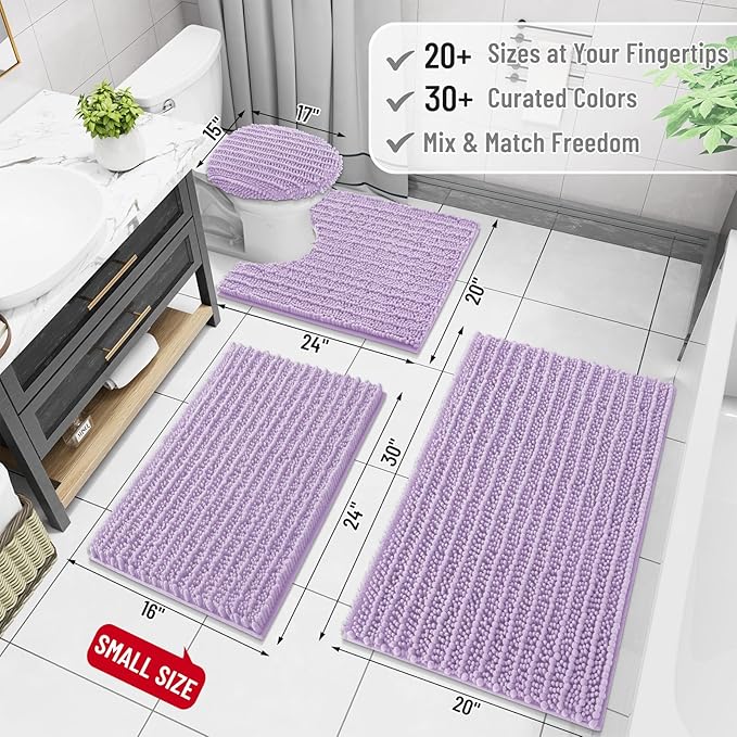 Arotive Luxury Chenille Bathroom Rug Mat, Extra Soft Thick Absorbent Shaggy Bath Rugs, Non-Slip Machine Wash Dry, Plush Bath Mats for Bathroom, Shower and Tub, 40x24, Light Purple