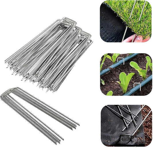 100 Pack Sturdy Garden Landscape Staples, 6 Inch Galvanized Steel Sod Pins Anti-Rust Stakes for Weed Barrier, Christmas Decorations and Landscaping Fabric.
