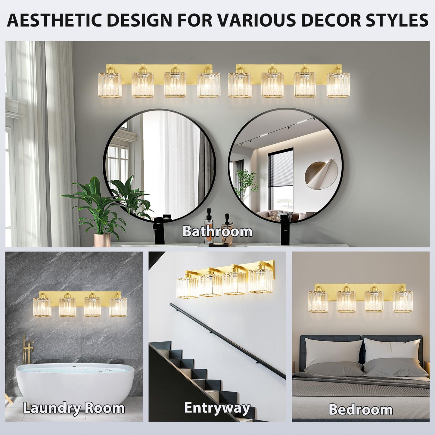 Bathroom Vanity Light Fixtures Over Mirror 4 Crystal Lights - Makeup Lighting Pure Gold - For Modern Wall  Bath  Desk  Farmhouse  Hallway