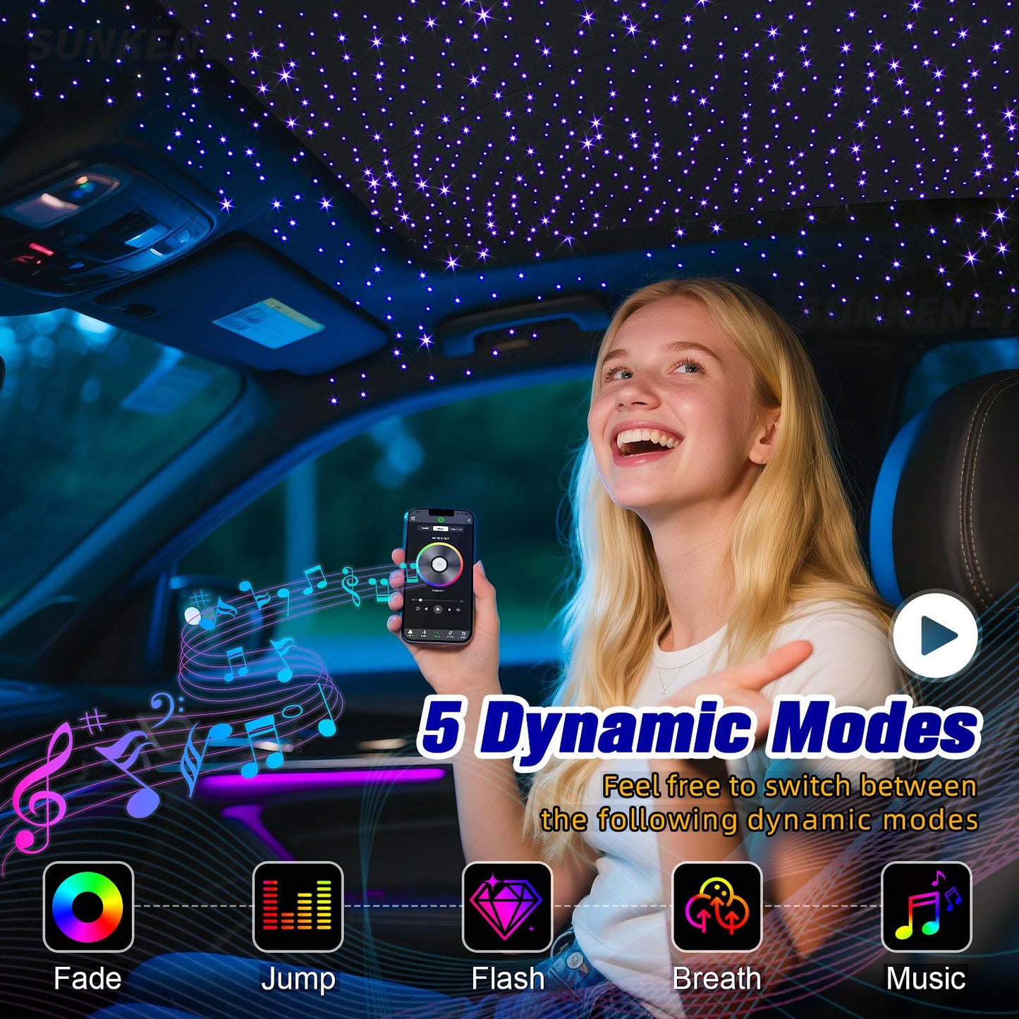 Sunkenet 6W Mini Size Twinkle 650Pcs*0.03In*13.1Ft Starlight Headliner Kit  Star Lights For Car With Bluetooth App/28Key Remote Control/Music Effect  Rgbw Fiber Optic Lights For Home Ceiling