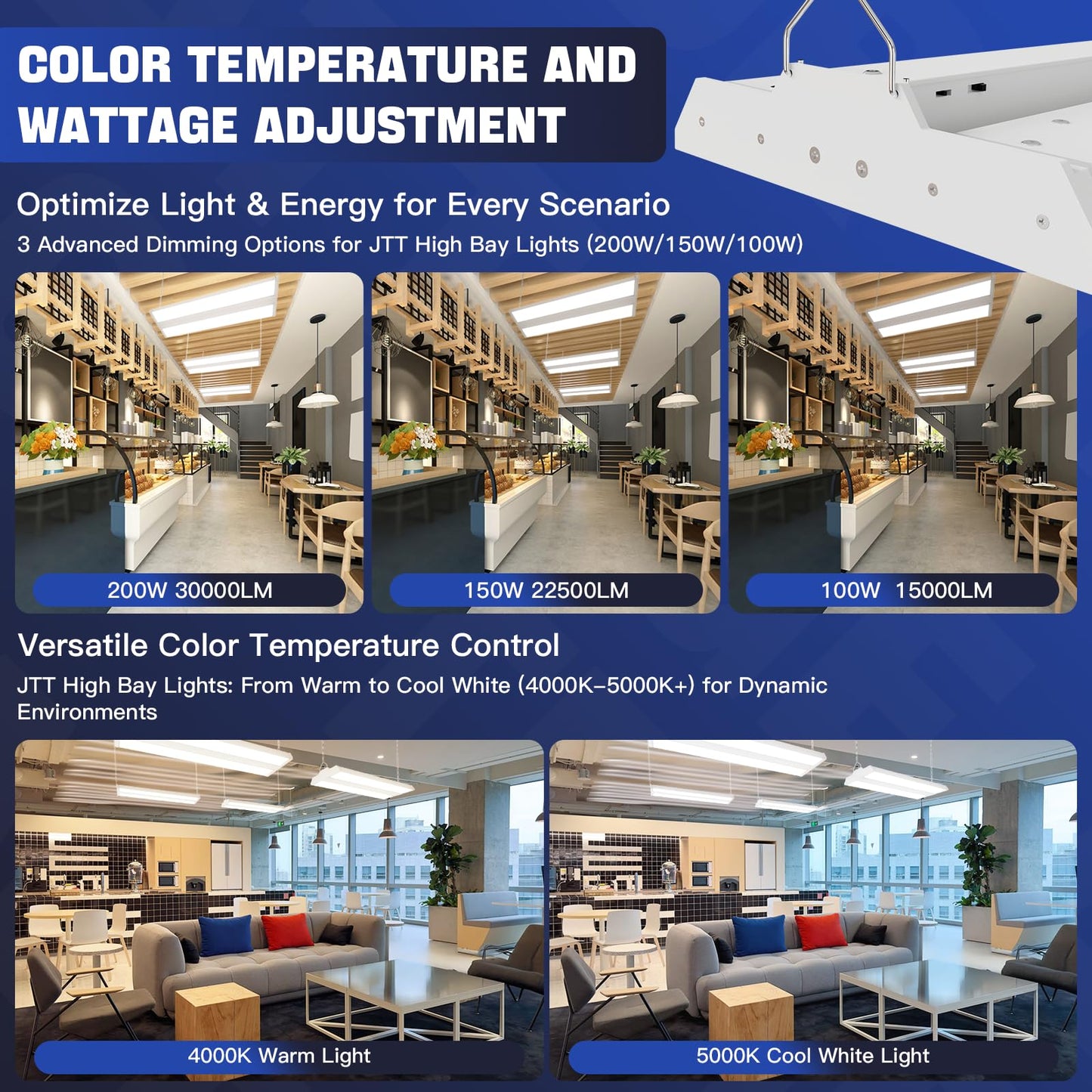 Jtt Led Linear High Bay Light 200/150/100W 30000Lm Shop Light Commercial 360 Adjustable 4/5000 Cct Tilt Hanging Led High Bay Shop Lighting Fixtures For Garage Warehouse Workshop Store  Etl 2-Pack