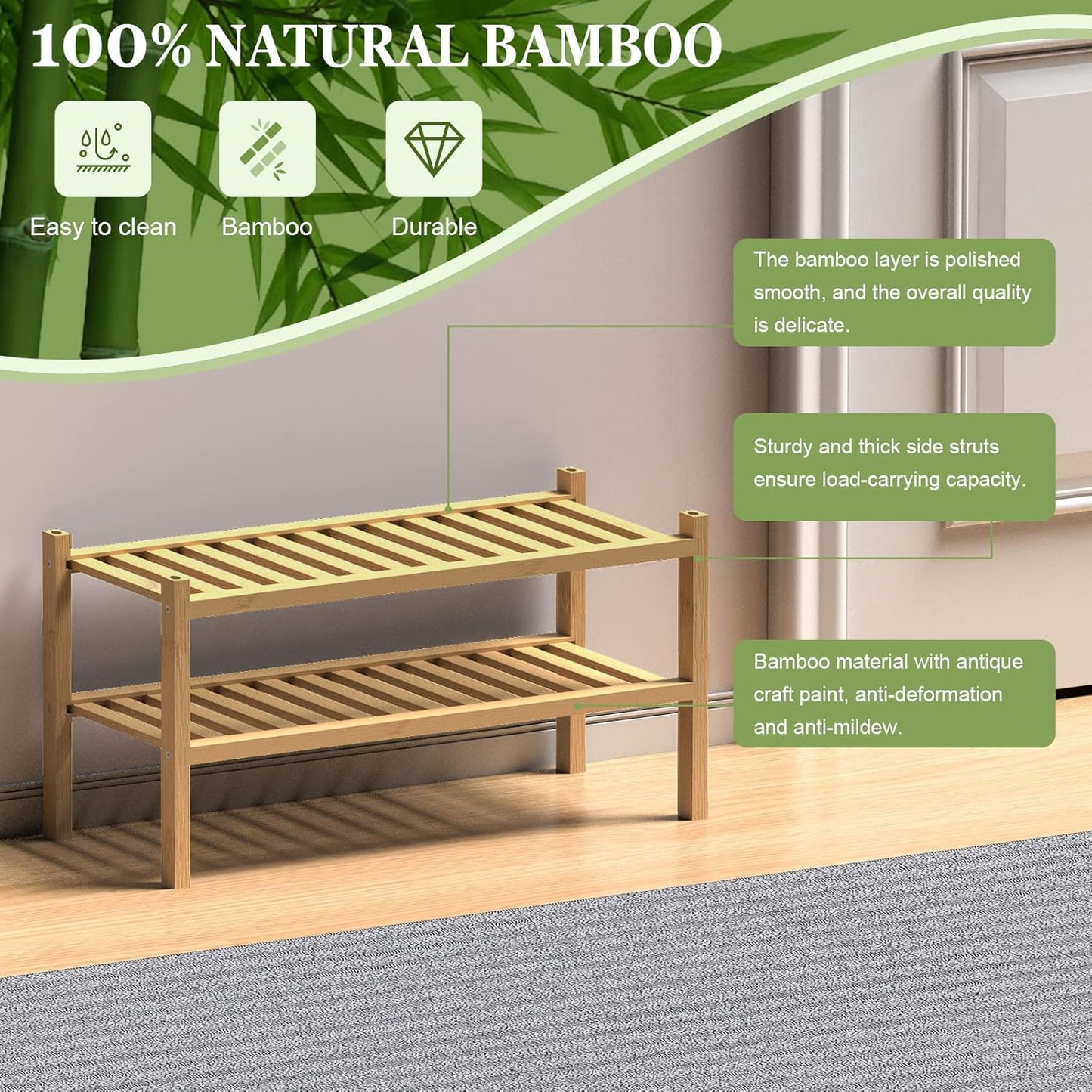 (Thick Bamboo Shoe Rack for Entryway, 2-Tier Free Standing Shoe Racks Stackable Shoe Rack Organizer for Hallway Closet Living Room 27 x12 x14 Inches