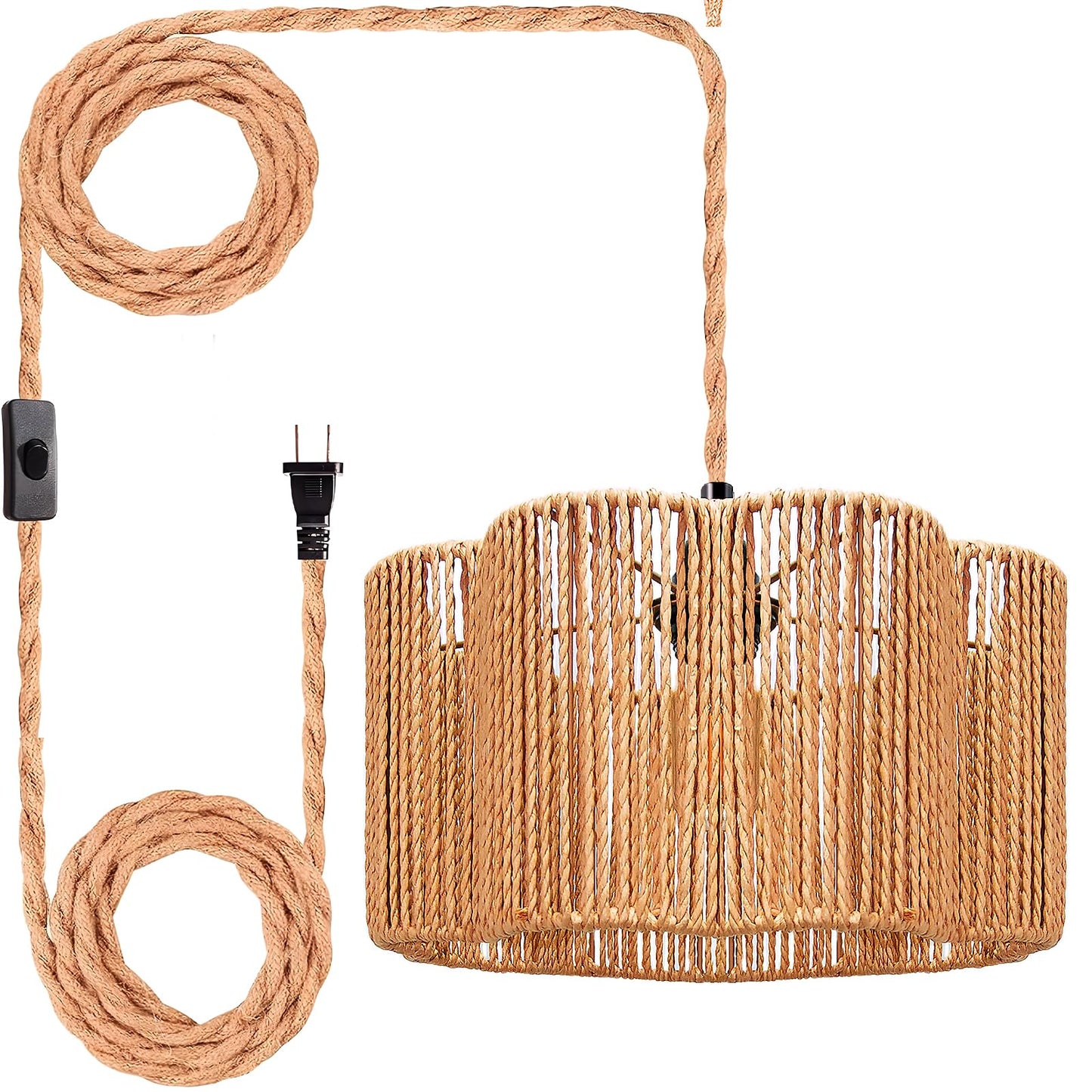 Hanging Lamps Rattan Pendant Light Hanging Lights 16.4Ft Plug In Cord Pendant Light Fixture Plug Into Wall Outlet Pendant Lighting With On Off Switch For Bedroom Living (Cylindrical Flower Shade)