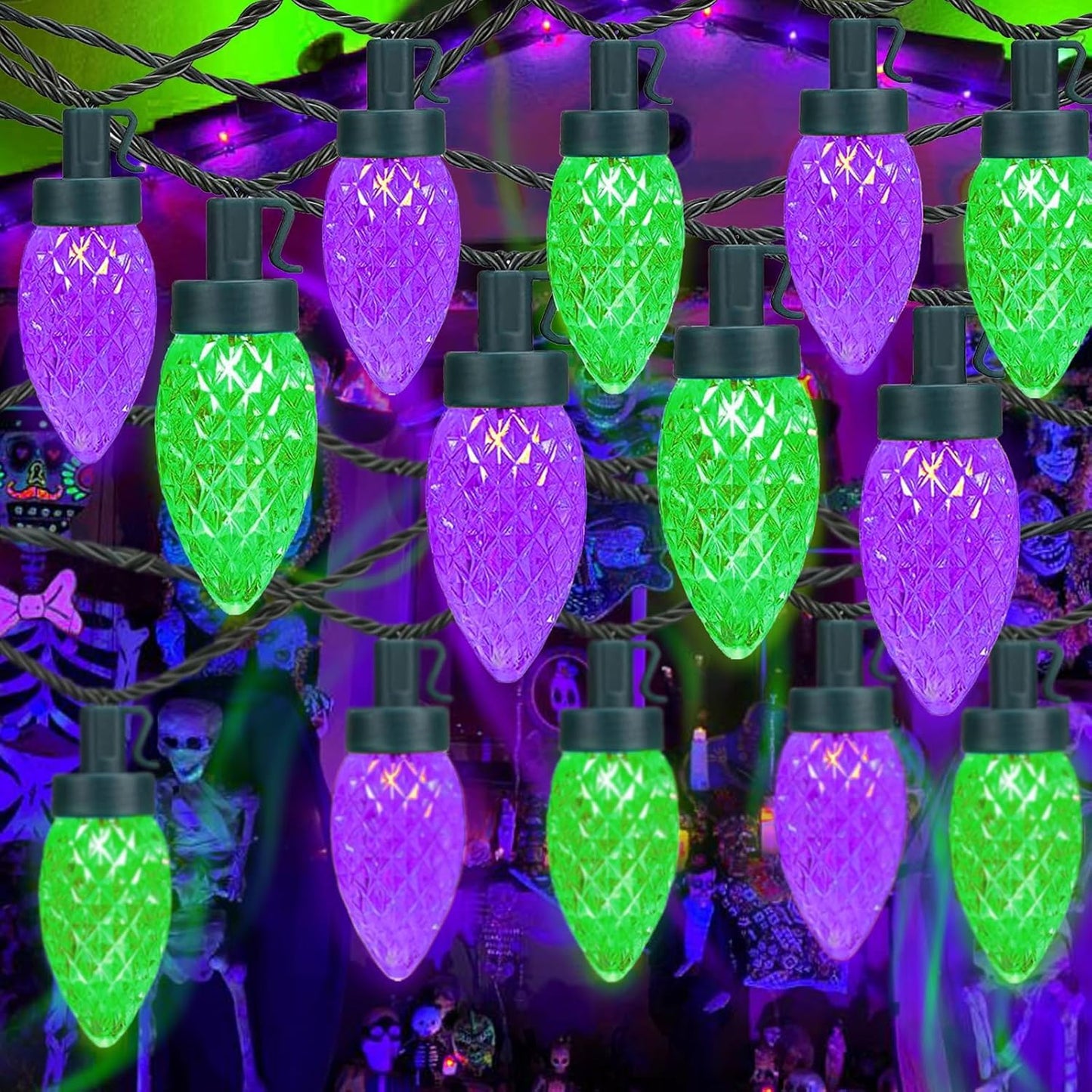Kaq 2Pk 100Led Purple And Green C9 Halloween Lights Waterproof Indoor Outdoor  Extendable 98Ft String Lights Plug In With 13 Lighting Modes  Halloween Decorations For Party Patio  Outside Yard Decor