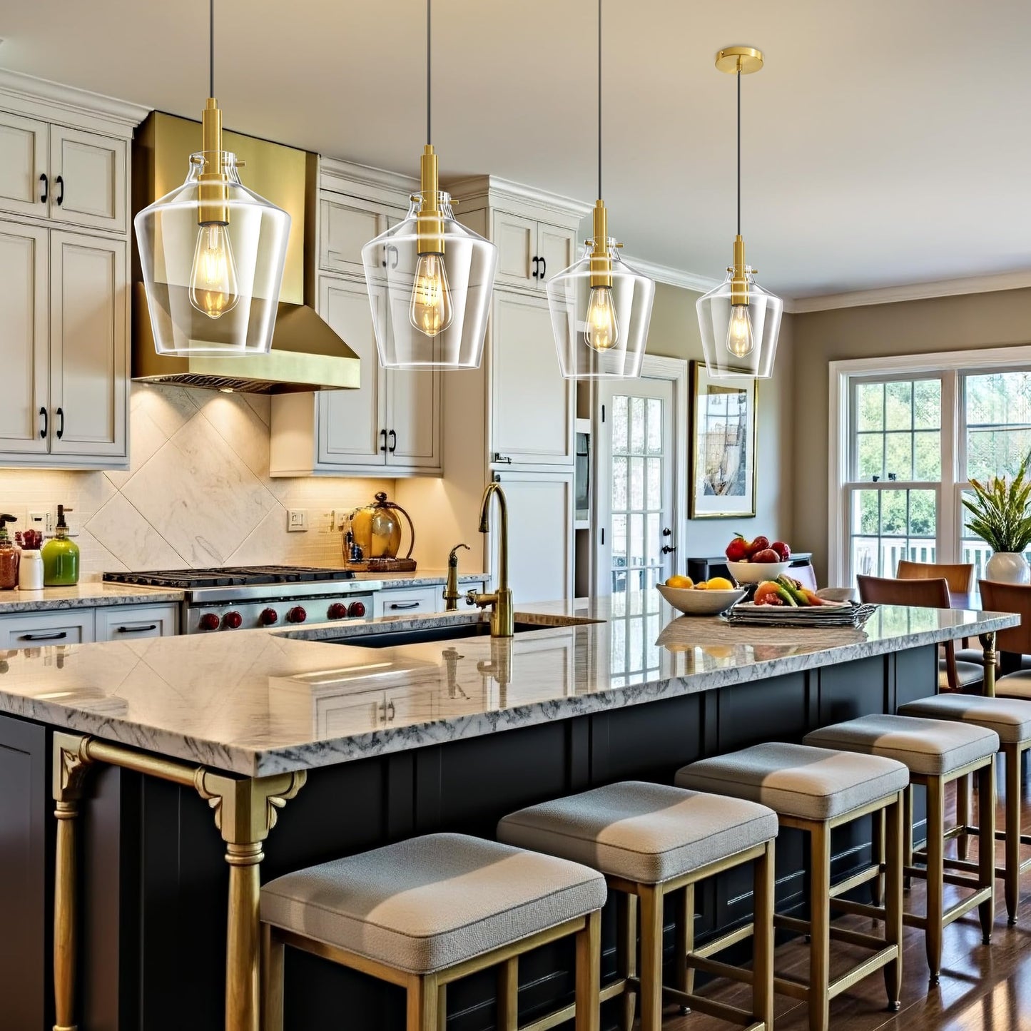 Vaziden Modern Glass Pendant Lighting For Kitchen Island 2 Pack  Farmhouse Gold Pendant Light Fixtures  Adjustable Hanging Ceiling Light  Angled Clear Glass Shades 8 Inch