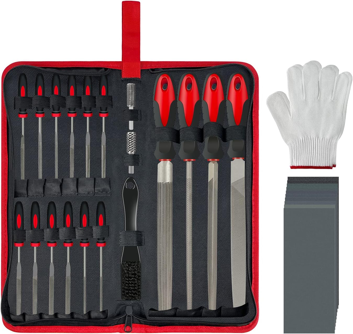 31PCS Metal & Wood File Rasp Set, Half-Round/Round/Triangle/Flat 4pcs Large Tools, 14pcs Needle Files and a Pair of Electric Files, 1PC Brush, 1PC Working Gloves and 10PCS Emery Papers
