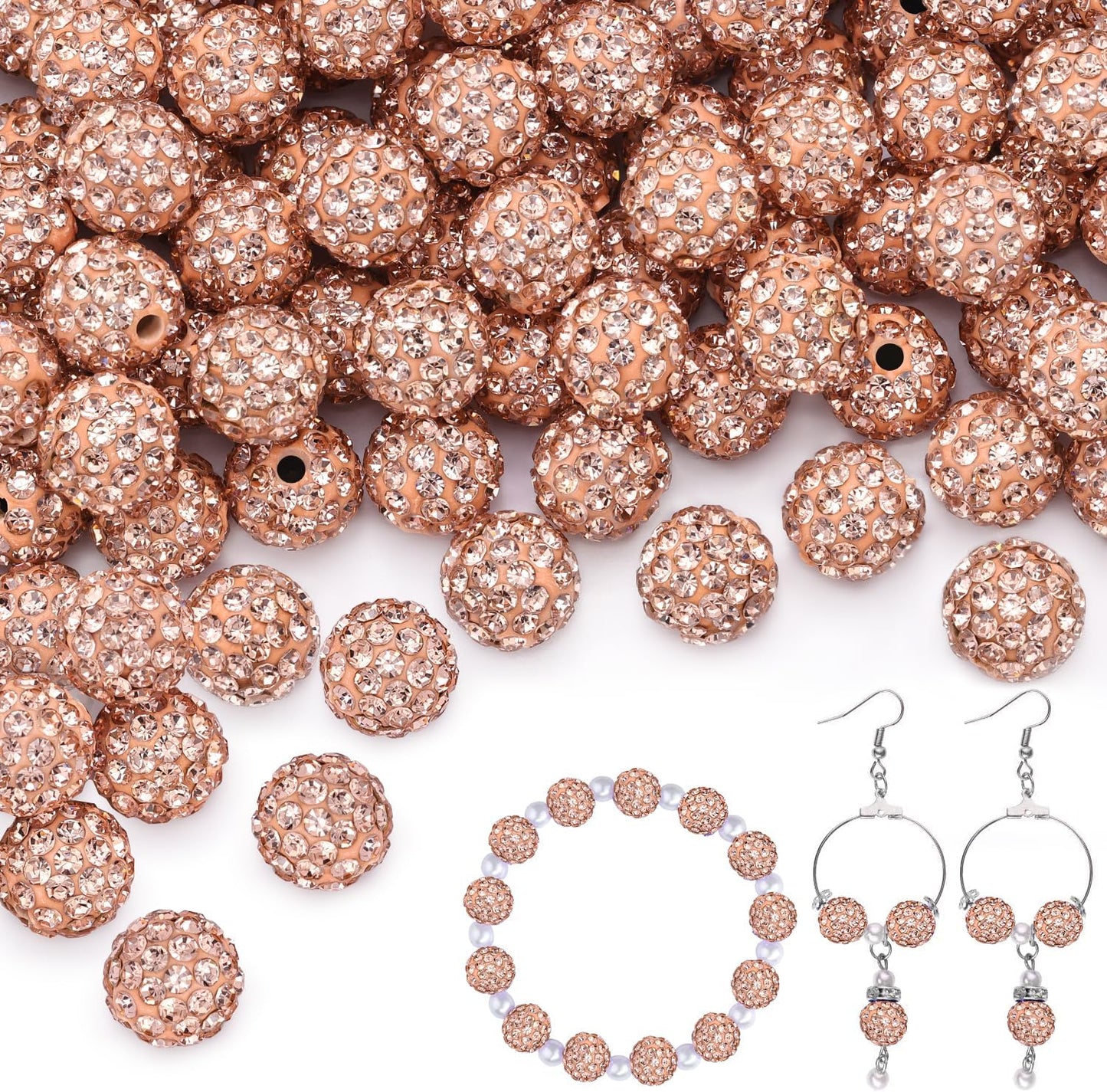 100 pcs 10mm Rhinestone Beads for Jewelry Making, Light Peach Shiny Round Shamballa Disco Beads Bulk, Sparkle Crystal Clay Christmas for Bracelet Baseball Necklace Earring Crafting and DIY