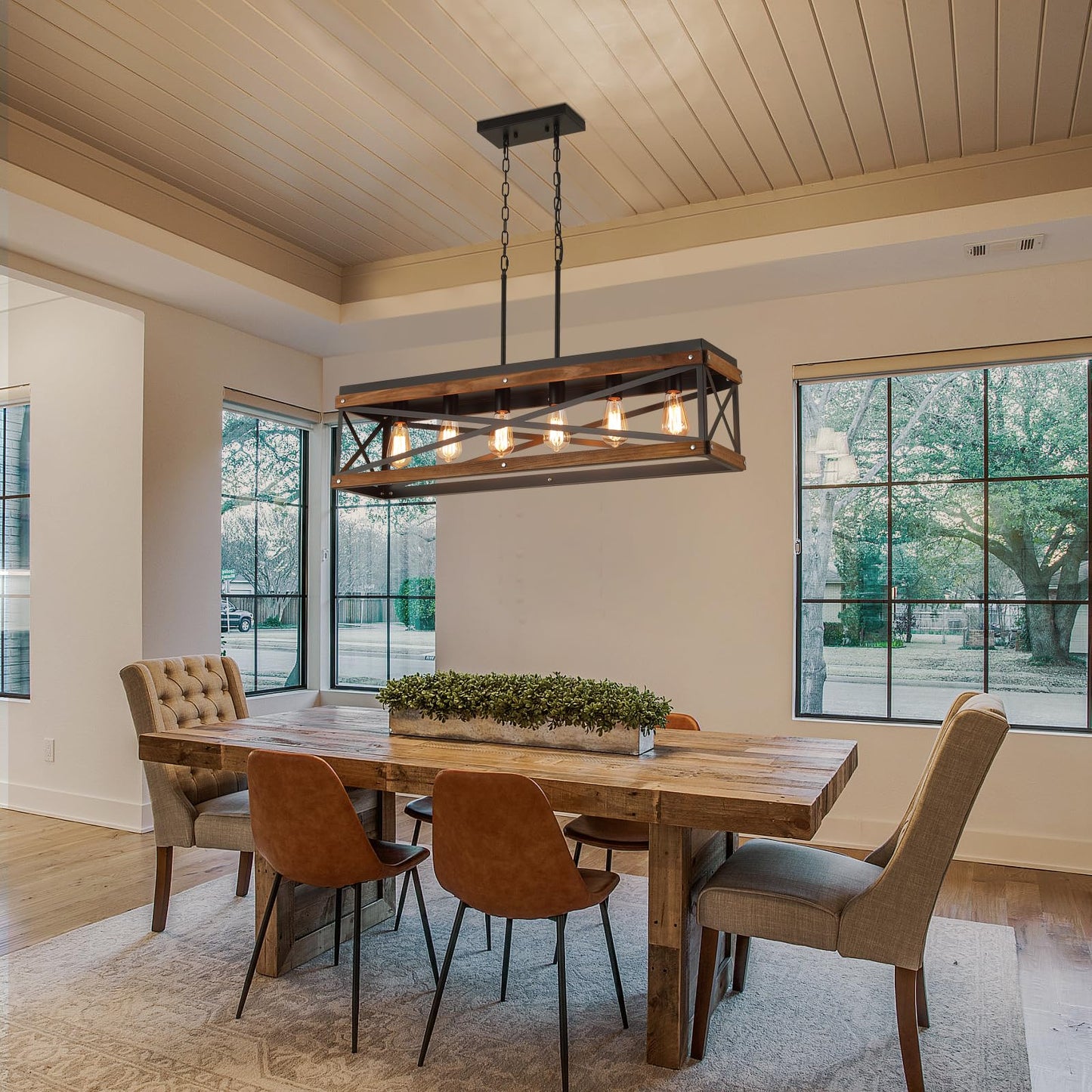 Rustic Farmhouse Wood Kitchen Island Lighting  6 Lights Rectangular Pendant Light Fixture  Adjustable Chain Oak Wood And Metal Linear Chandelier For Dining Room Kitchen Island Farmhouse  Black
