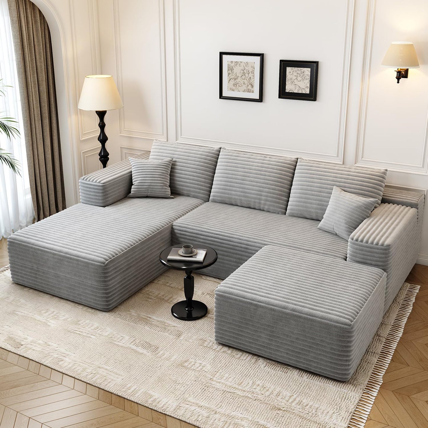 107.5" Cloud Modular Sectional Couch with 1 Ottoman,Modern Minimalist Upholstered Couches, Comfort U Shaped Sofa for Living Room,Deep Seat Corner Couch，No Assembly Required (Grey,Left Facing Chaise)