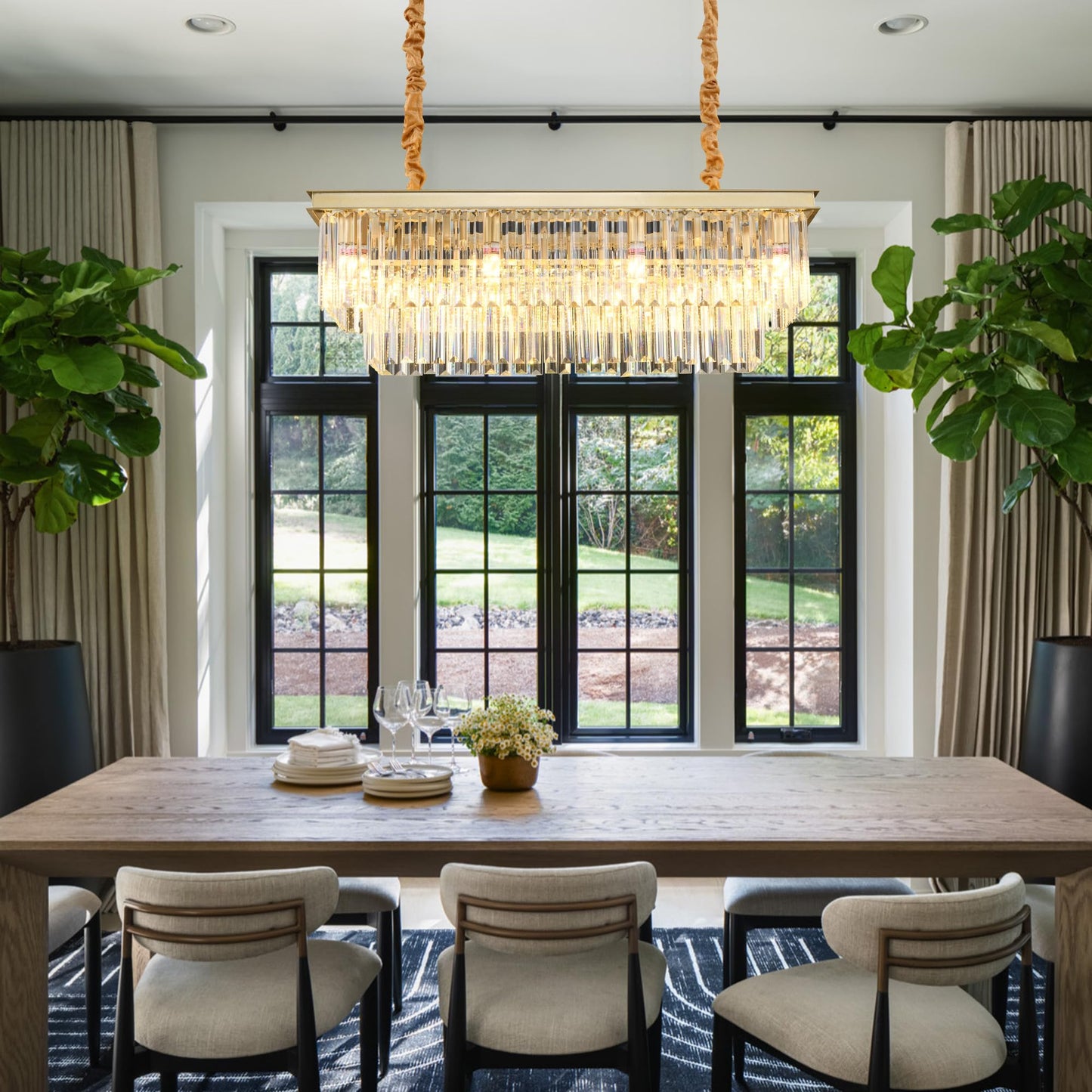 Laiuetai Gold Rectangular Chandelier 31.5 Inch - 8-Light stylish Modern Crystal Pendant Height-Adjustable Lighting Fixture For Dining Room  Kitchen Island & Bar - enhanced K9 Crystals(Gold  L-31.5)