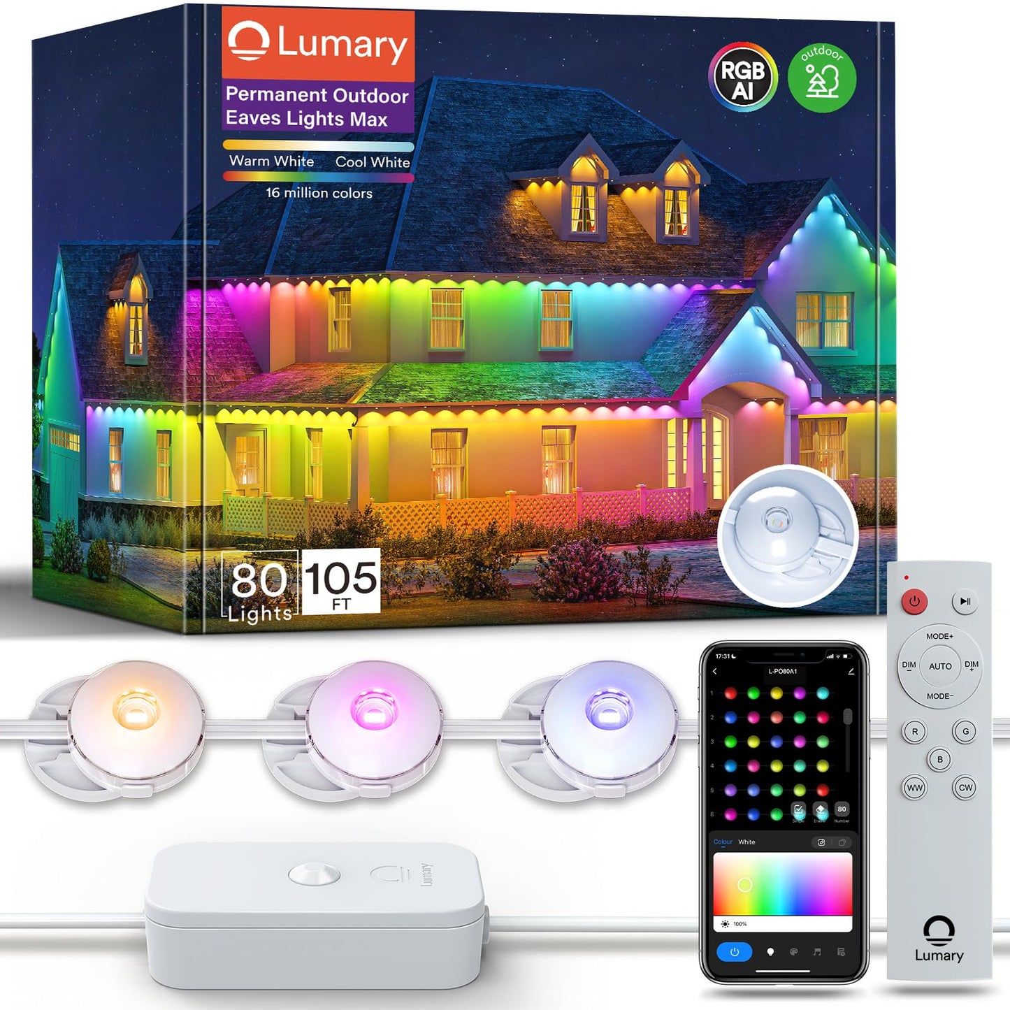 Lumary Permanent Outdoor Lights Max  105Ft With 80 Led Eave Lights 4800Lm  Rgbaicw Smart Outdoor Lighting Ip67 Waterproof  Scene Modes For Daily And Accent Lighting  Works With Alexa/Google Assistant