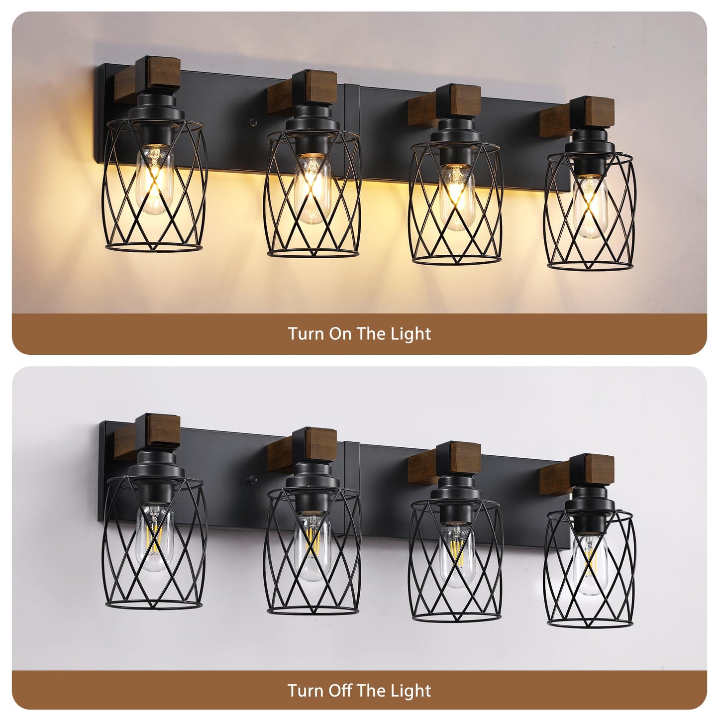 Xvmbvm Farmhouse Bathroom Vanity Light  4-Light Wood Bathroom Light Fixtures Over Mirror  Black Industrial Vanity Lights With Metal Shade  Rustic Bathrooms Lighting For Living Room  Bedrooms  Hallway