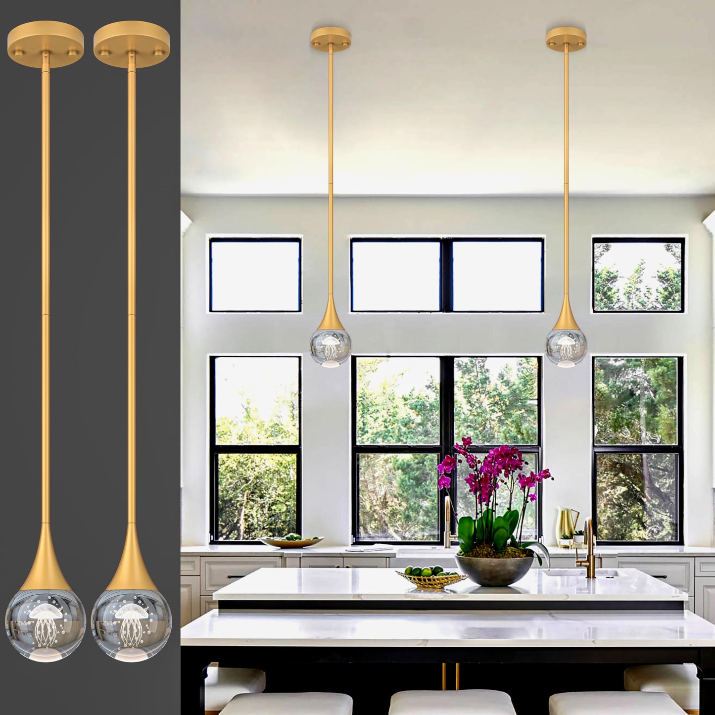 2-Pendant Lights Kitchen Island  discomfort-reducingted Gold Globe Crystal Ceiling Hanging Light Fxitures  Led Light Fixtures Metal Rod Ceiling Glass Pendant Lighting For Kitchen Island Dining Room Bar