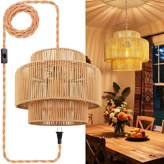 Hanging Lamps Rattan Pendant Light - 16.4Ft Plug In Cord Hanging Light Fixture Plug Into Wall Outlet Pendant Lighting With On Off Switch For Bedroom Living (Lantern Shade)
