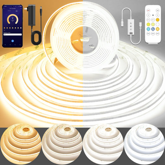 Pandery Cob Led Strip Light Cct Dimmable Strips Light 2700K-6500K 24Ft/7.5M 8Mm Wide Cri90+ 24V Led Strips Kit With Bluetooth App Control/Music Mode For Bedroom Kitchen Diy Lighting