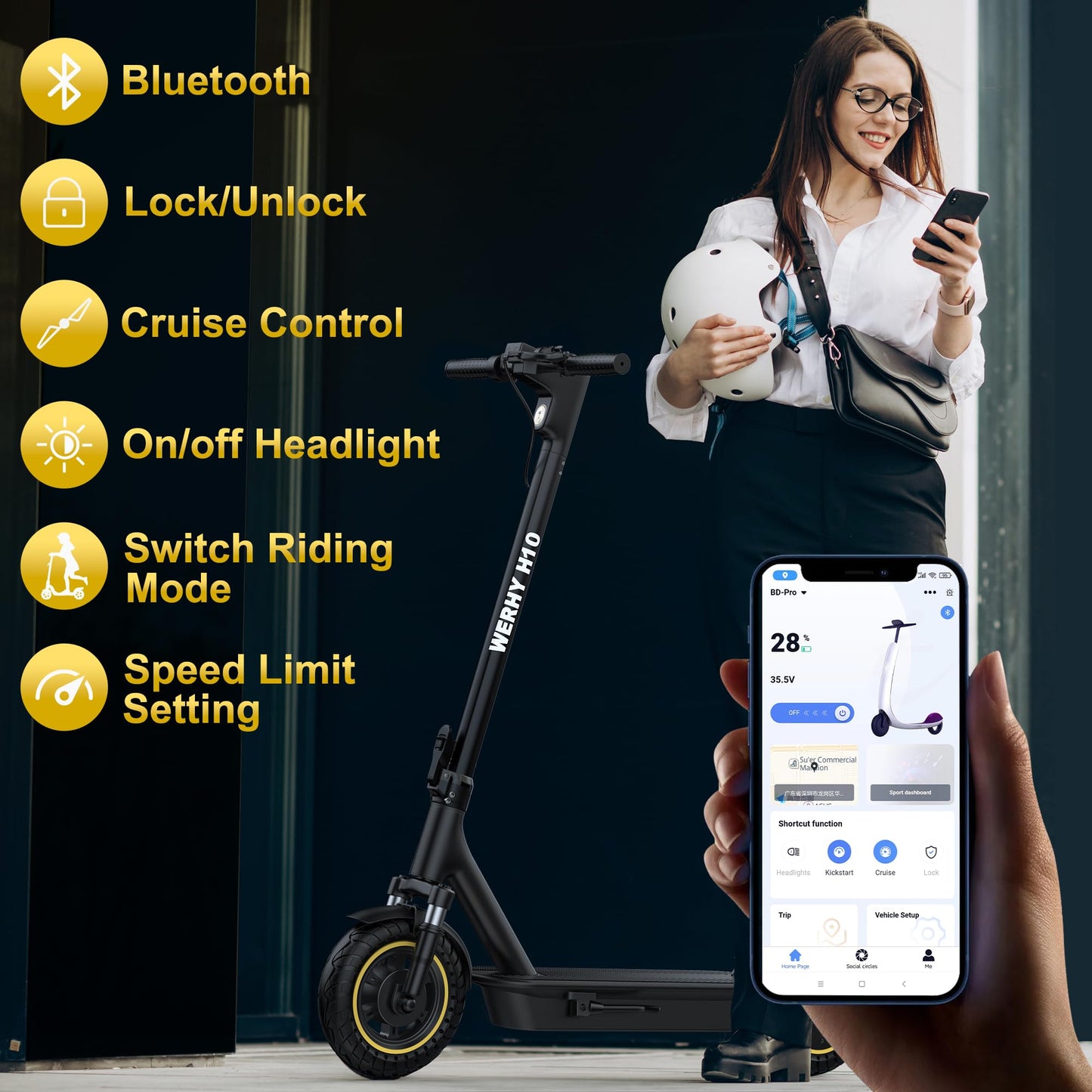 WERHY 10 Inches Electric Scooter, 500W Powerful Motor & 22 MPH Top Speed, 22-28Miles Long Range, Folding E Scooter with Dual Braking for Adults