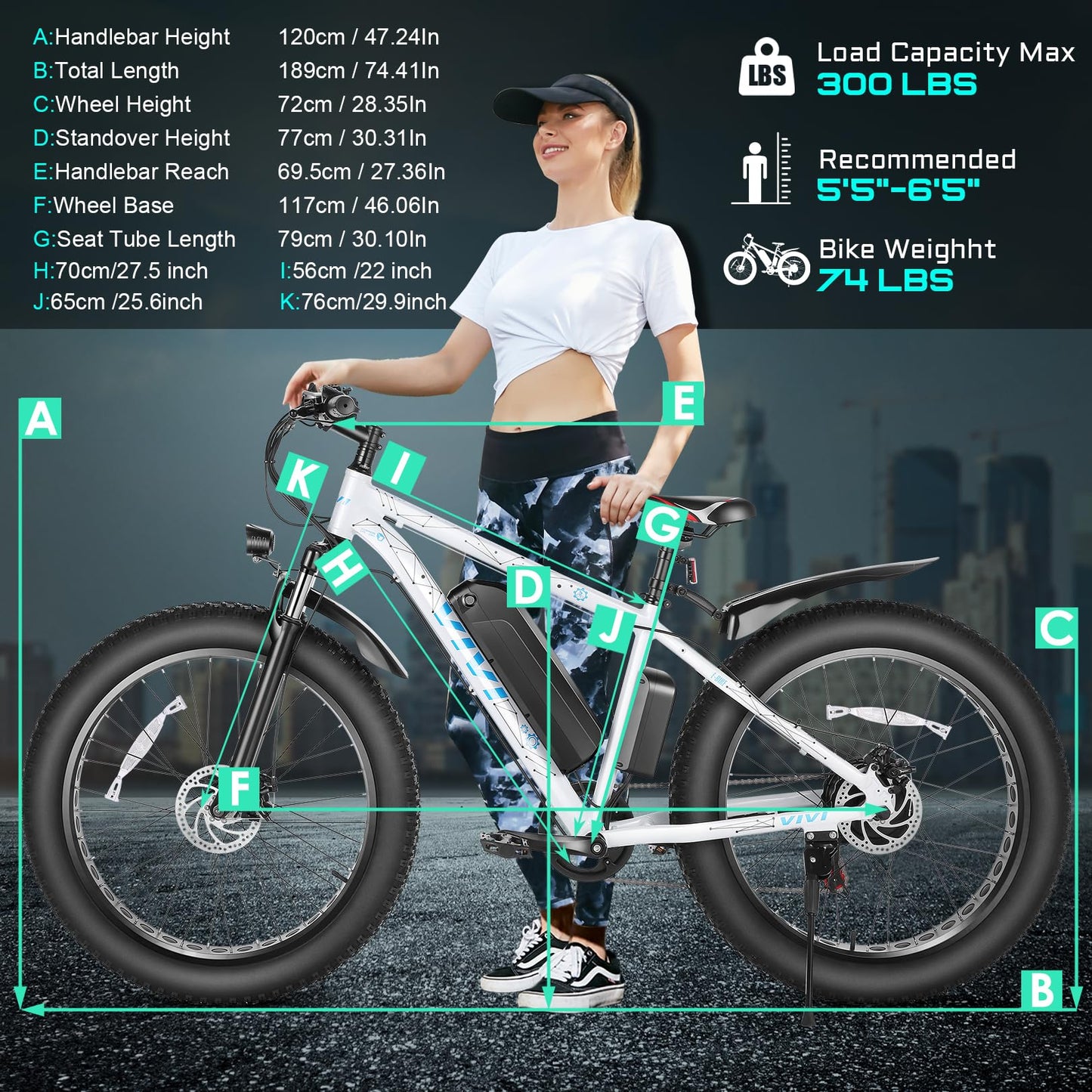 Vivi F26FUL Electric Bike Peak 1000W 26" x 4.0 Fat Tire Electric Bike with 48V 13Ah Removable Battery, 7Speed, Top 26Mph, Cruise Control, Up to 60 Miles, SGS Certified to UL2849