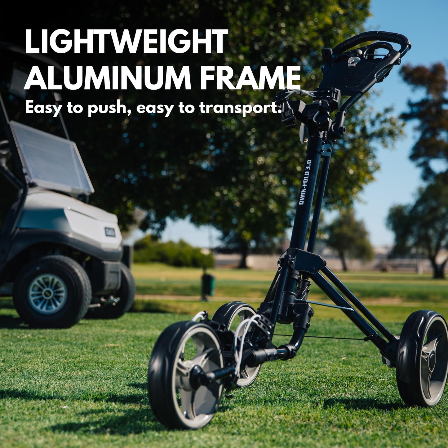 Qwik-Fold 3-Wheel Golf Push Cart with Foot Brake – 1-Second Fold & Unfold Trolley, Lightweight Aluminum Frame, Adjustable Handle, Smooth Ball-Bearing Wheels, Umbrella Holder & Storage - Black/Charcoal