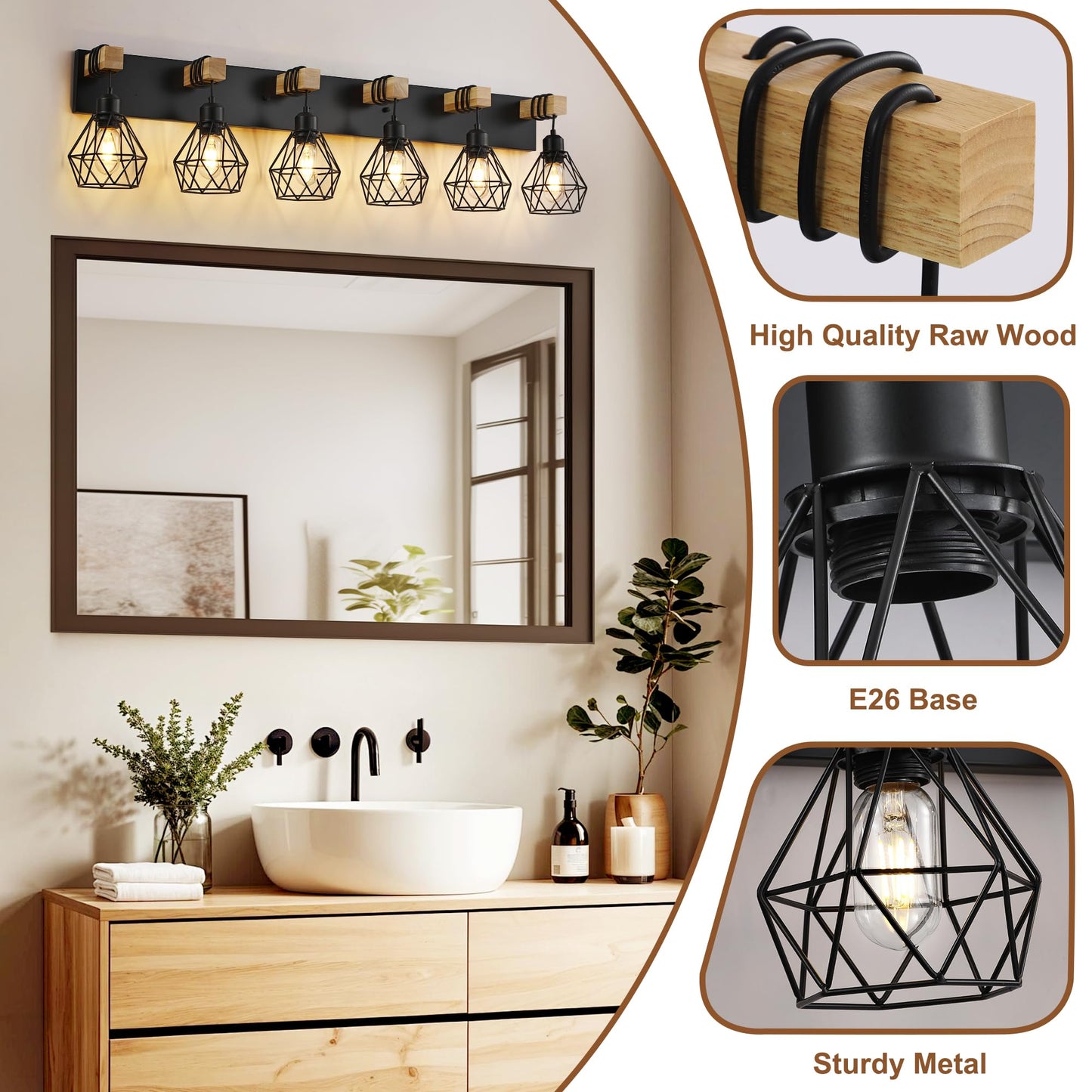 Farmhouse Bathroom Vanity Light Fixtures  6-Light Wood Bathroom Light Fixtures Over Mirror  Rustic Sconces Wall Lighting With Elegant Metal Lampshade For Living Room  Bedroom  Hallway