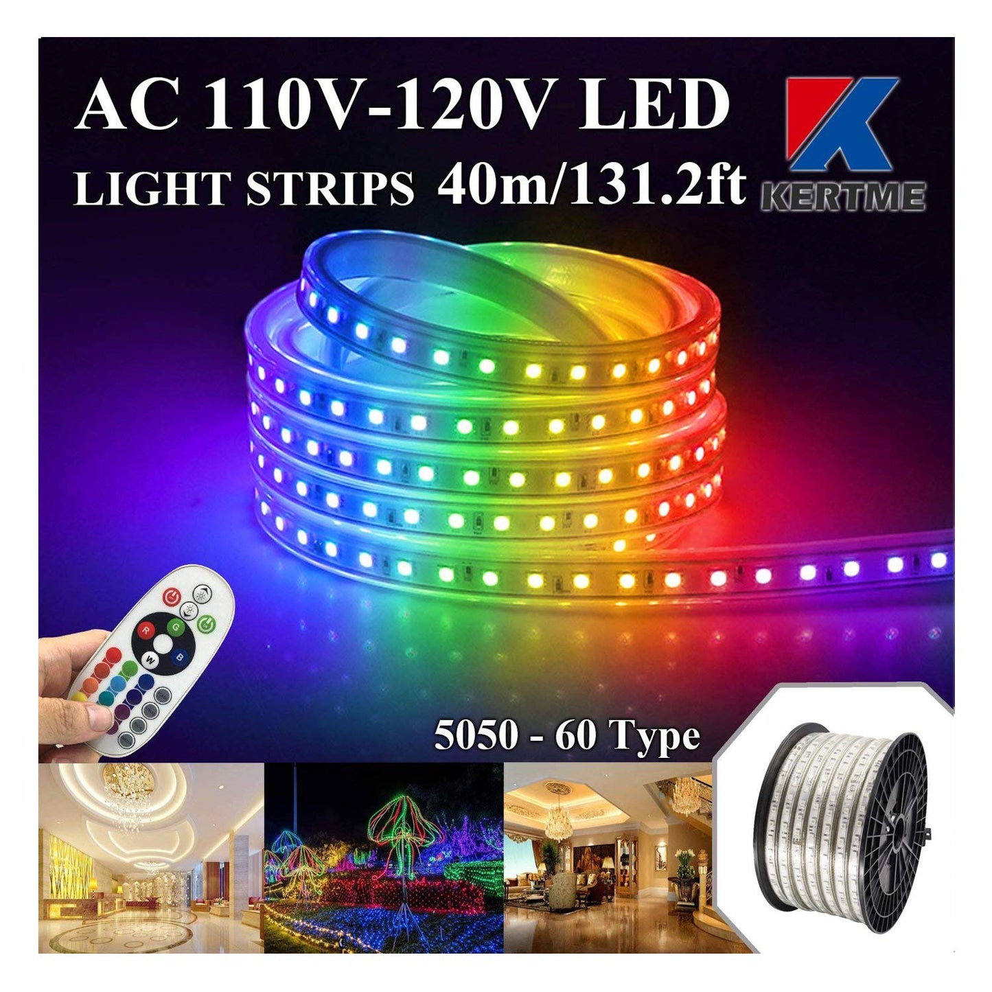 KERTME 5050 RGB LED Strip Lights, 40m Waterproof Dimmable Multi-Color Rope Light with Remote