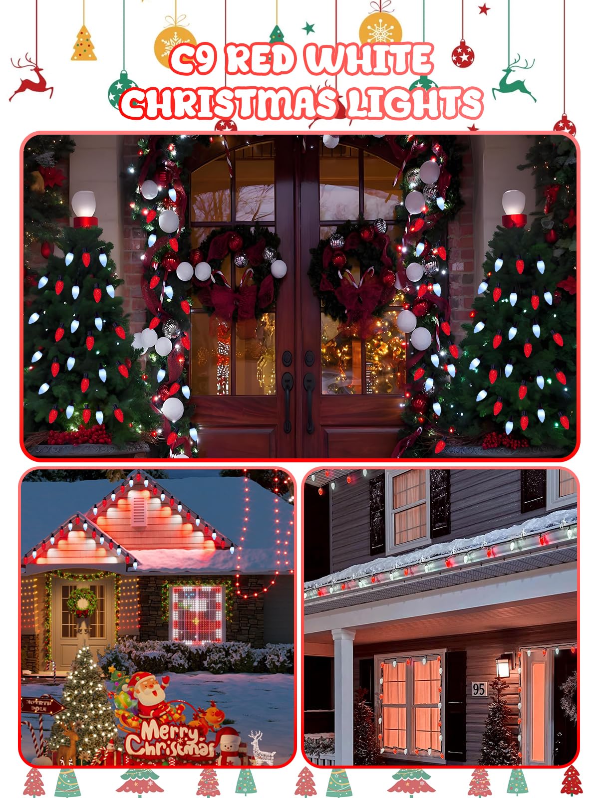 2-Pack Connectable C9 Christmas Lights Outdoor Indoor  66 Ft 100 Led Christmas String Lights Plug In With 8 Modes & Timer  Waterproof Fairy Twinkle Light For Xmas Tree Yard Decorations (Red And White)