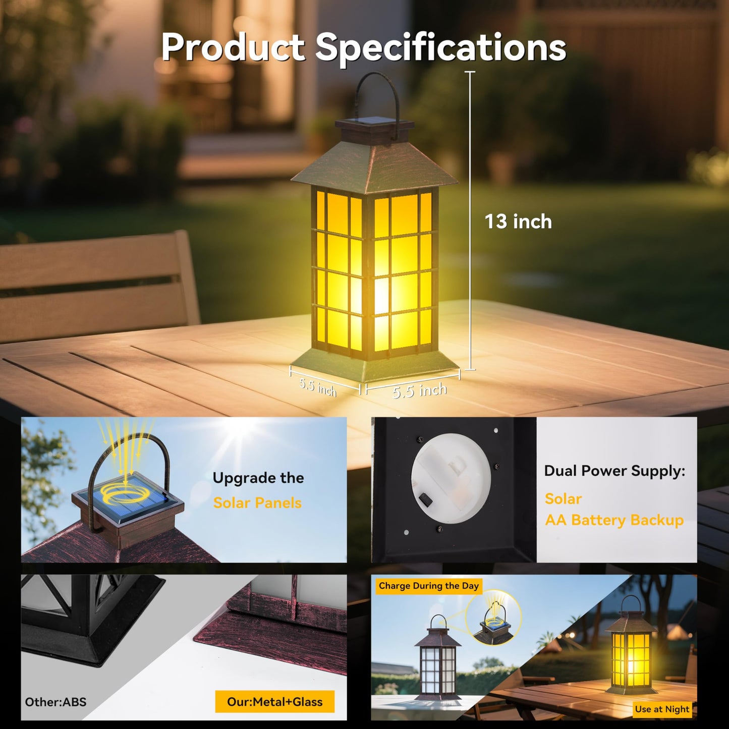 Anyperfect 2 Pack 13 Copper Solar Lantern With Flickering Flame Candle | Outdoor Waterproof Hanging Solar Lanterns  Metal & Glass Lights For Garden Decoration  Rustic Gifts For Mom