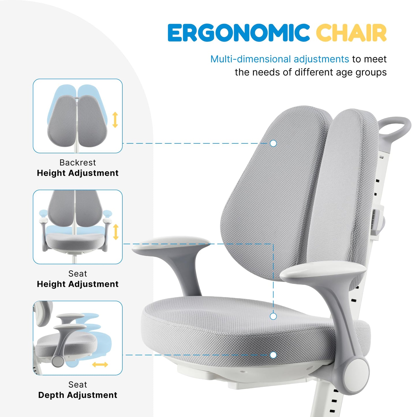 ERIYA Kids Desk Chair,Ergonomic Chair: Height-Adjustable, Double Back Support – Multifunctional for Study/Work/Dining | Ideal for Kids, Petite Adults – Ultra-Comfy (Bedrooms, Schools, Offices)(Grey)