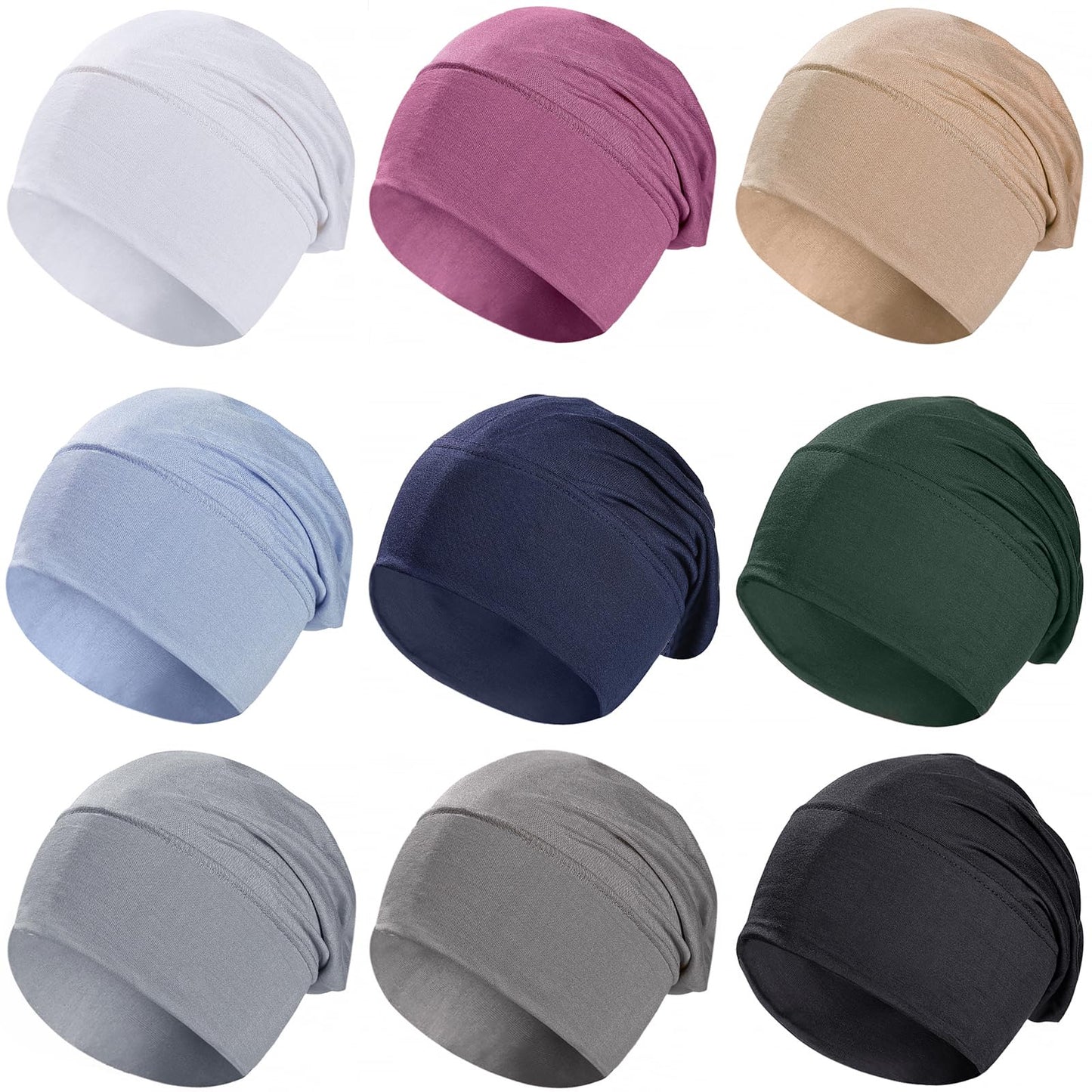 9 Pieces Solid Women Chemo Hat Stretchy Turban Beanie,Pre Tied Chemo Head Scarf Beanie Skull Cover Cap for Women Hair Loss