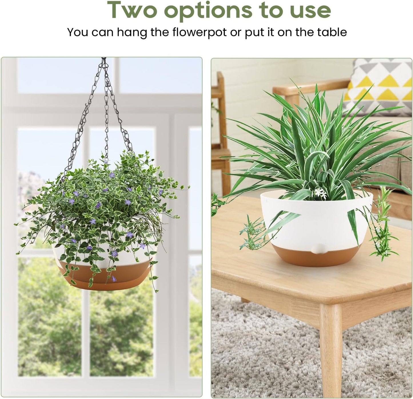 10 Inch Hanging Planter, 2 Pack Hanging Plastic Plant Self Watering Pot with Drainage Holes and Saucers, Hanging Baskets Flower Pots for Indoor Outdoor Garden Plants and Flowers-White