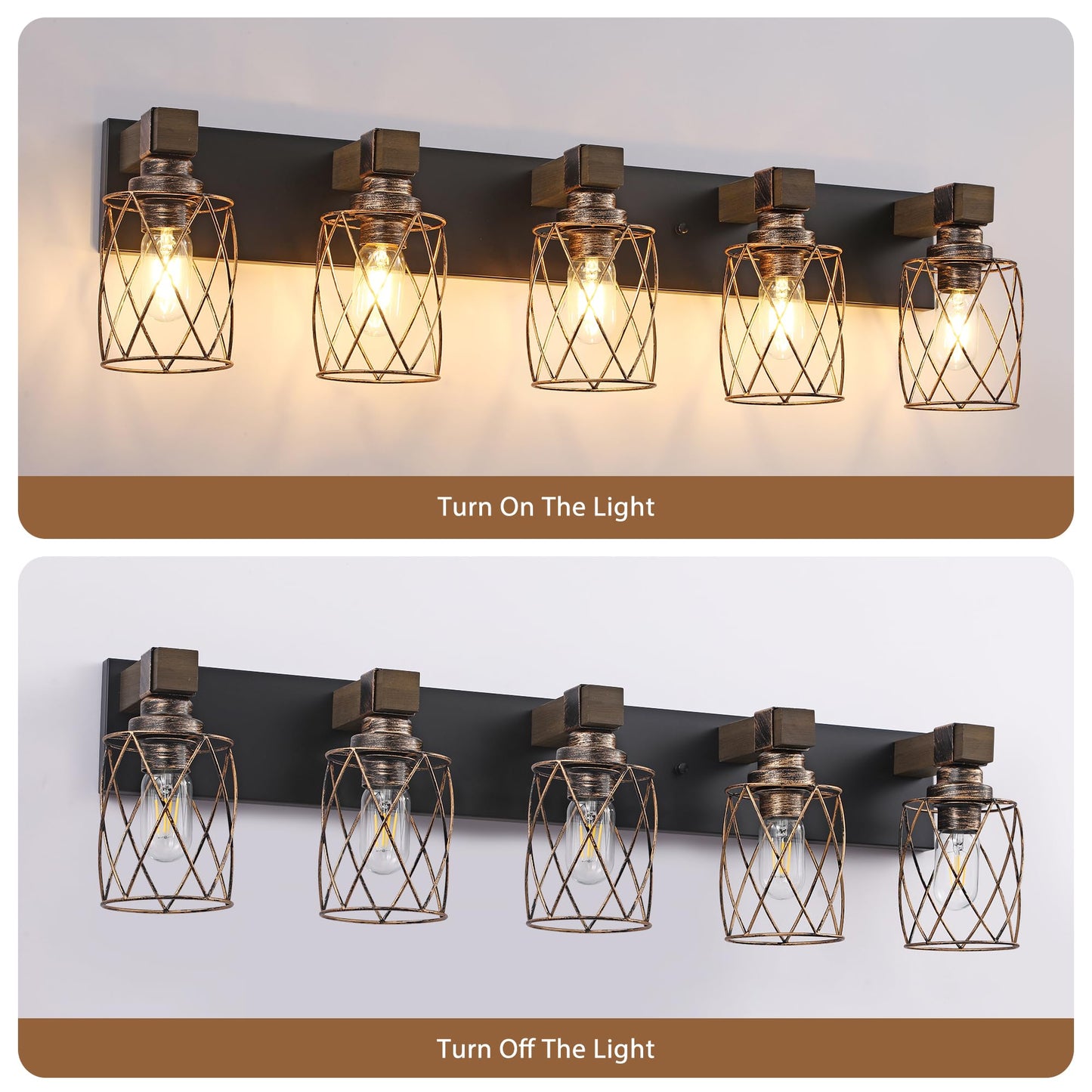Farmhouse Bathroom Vanity Light  5-Light Wood Bathroom Light Fixtures Over Mirror  Black And Gold Industrial Vanity Lights With Metal Shade  Rustic Bathrooms Lighting For Living Room Bedroom Hallway