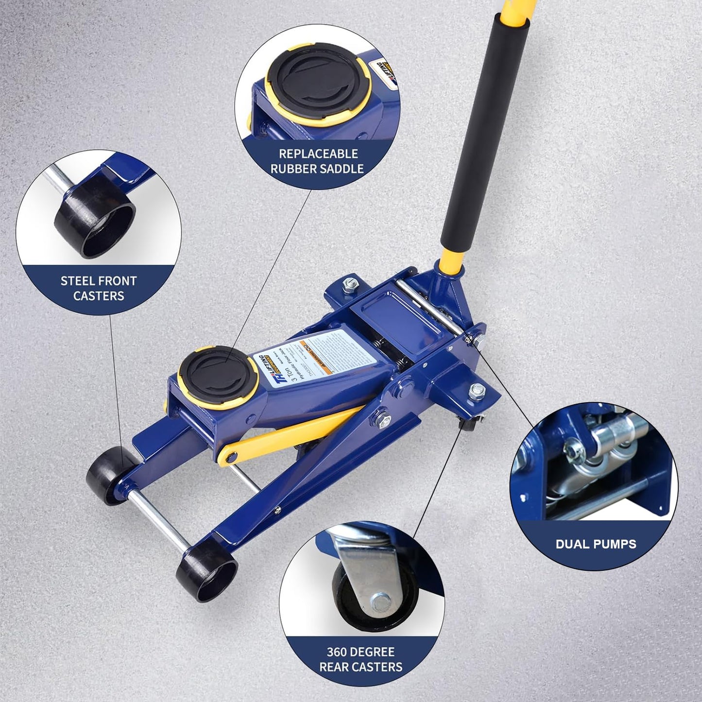 3 Ton Heavy Duty Hydraulic Floor Jack for Car, 6,600 lbs Steel Jack with Double Pumps Quick Lift, Rotating Rear Casters, Lifting Range 5-1/4"–18-1/4", Blue