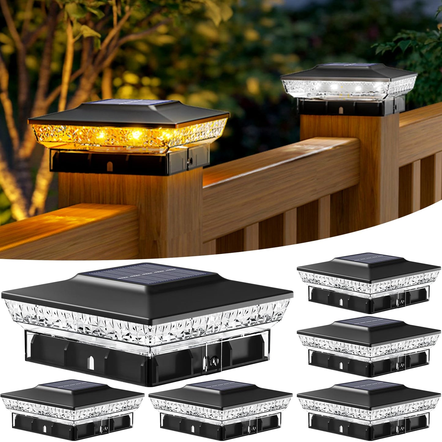 Btfarm 4X4 Solar Post Cap Lights Outdoor  2 Modes 16 Led Deck Fence Post Lights  6 Pack Waterproof Solar Powered Lighting Outside Fit 4X4 3.5X3.5 Wooden/Vinyl For Porch Patio Garden  Black