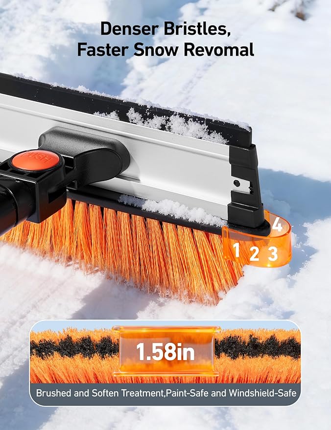 AstroAI 62.4" Ice Scrapers for Car Windshield, 3 in 1 Sturdy Snow Brush with Squeegee, 10 Adjustable Length Settings, Extendable Aluminum Handle, 180° Pivoting Snow Brush for Car, Truck, SUV(Orange)