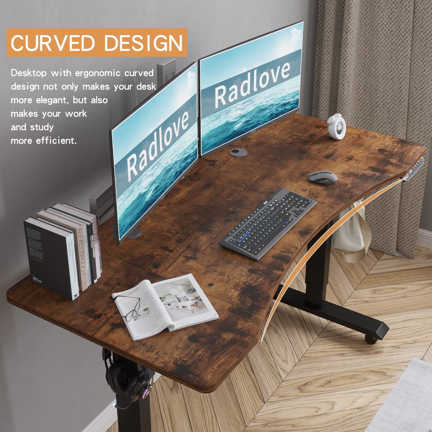 Radlove Electric Height Adjustable Standing Desk, 55'' x 30'' Stand Up Desk Workstation, Splice Board Home Office Computer Standing Table Height Adjustable Computer Desk Rustic Brown Top+Black Frame