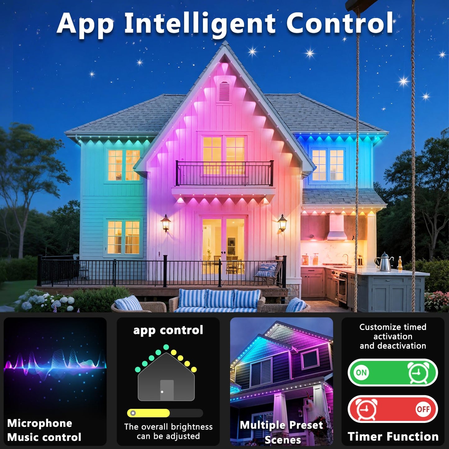 Ceteluma 500Ft Permanent Outdoor Rgb Lights  Ip67 Waterproof Smart Eave Lighting  With App/Remote Control Eaves Light  Diy Led Scenes Modes For House Roof Decor Christmas Party