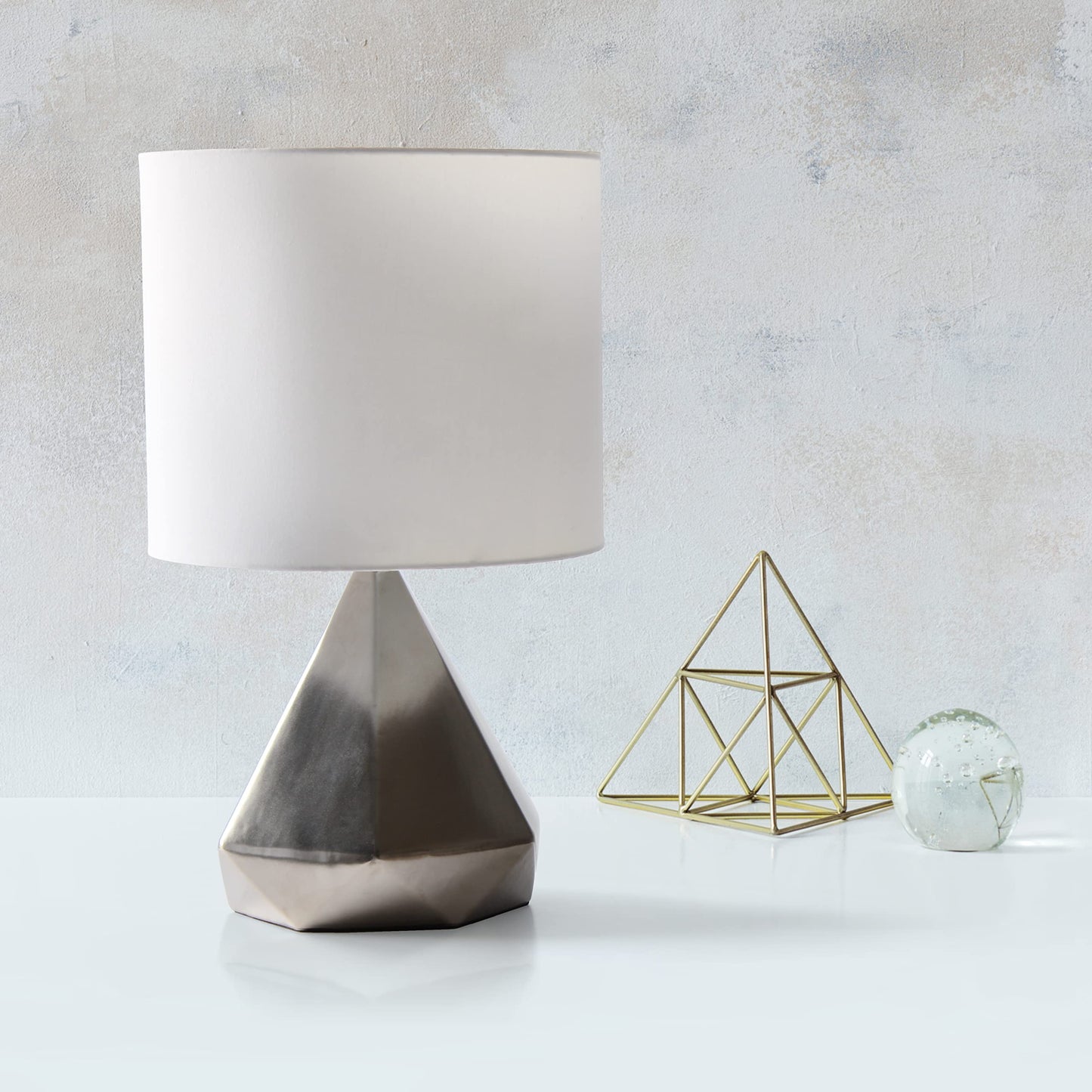 Simple Designs LT2079-SLV Ceramic Table Lamp, Geometric Pyramid, Silver, 11.81inL x 11.81inW x 19.88inH, White Fabric Shade