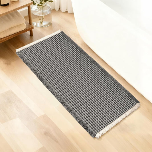 ArtyCozy Waffle Bath Mat, Super Absorbent Soft Non-Slip Boho Bath Rugs with Flat-Woven Hot Glue Backing for Bathroom, Machine Washable Bath Mats, 20" × 47", Grey & White