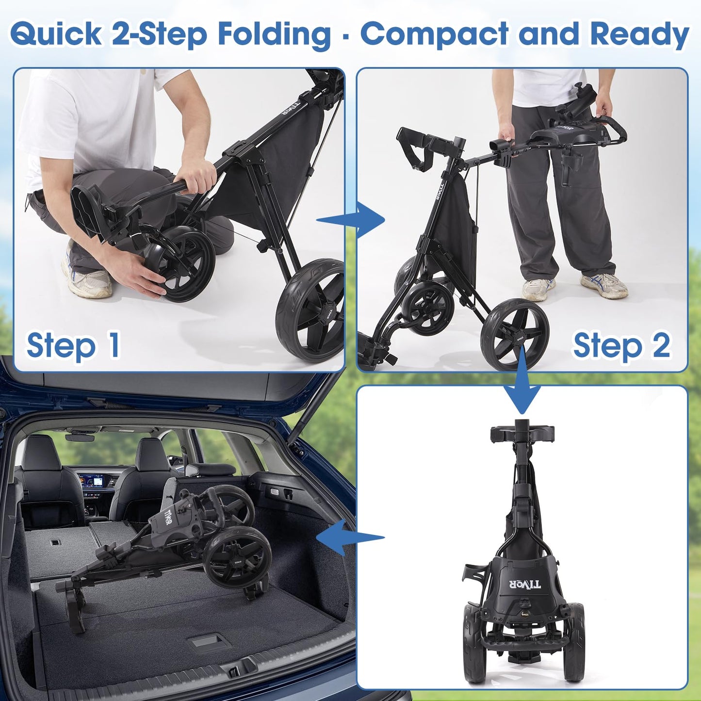 3 Wheel Golf Push Cart,Lightweight Golf Pull Cart with Quad-Fold Frame,and Cleaning Kit Golf,Cooler Bag,Cup/Phone/Umbrella Holder Compact Golf cart-green