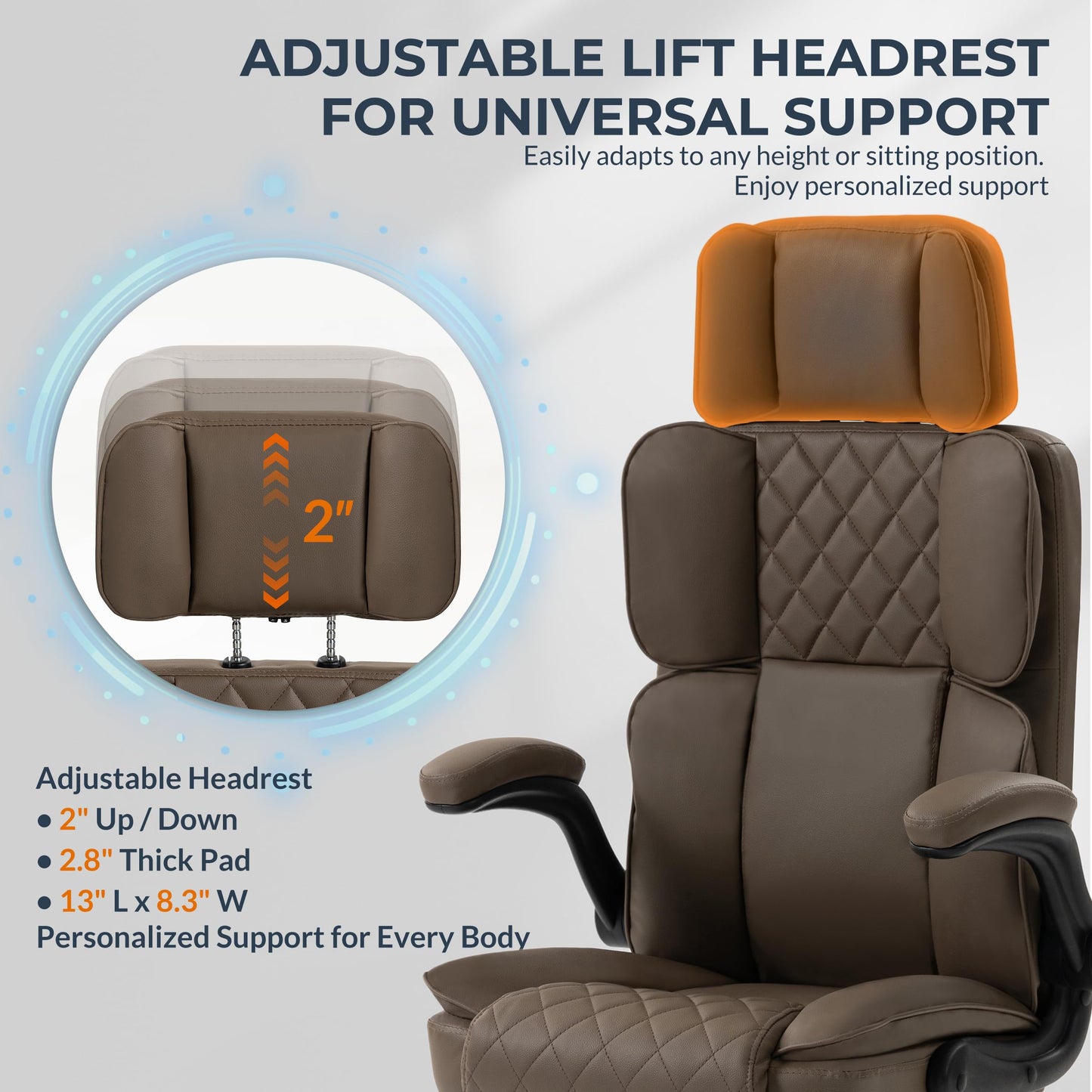 Office Chair with Adjustable Headrest - Executive Leather Desk Chair for Home Office, with Flip-Up Arms & Ergonomic Lumbar Support, Perfect for Work and Study, Brown