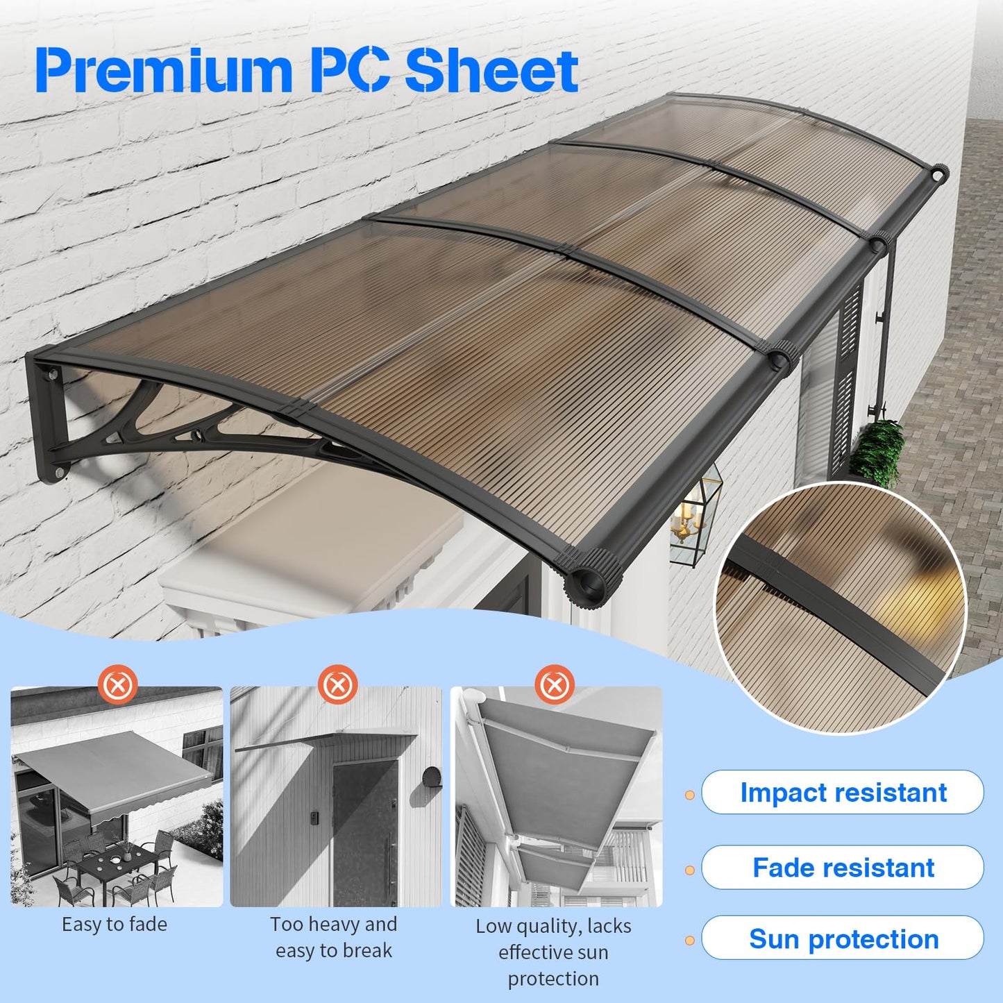 Awning for Door Entrance with Drainage Sink,32x120 Inch Awnings for Doors,Window Canopy Exterior with Plastic Steel Bracket,Polycarbonate Cover,UV,Rain,Snow Protection for House,Porch,Patio,Deck