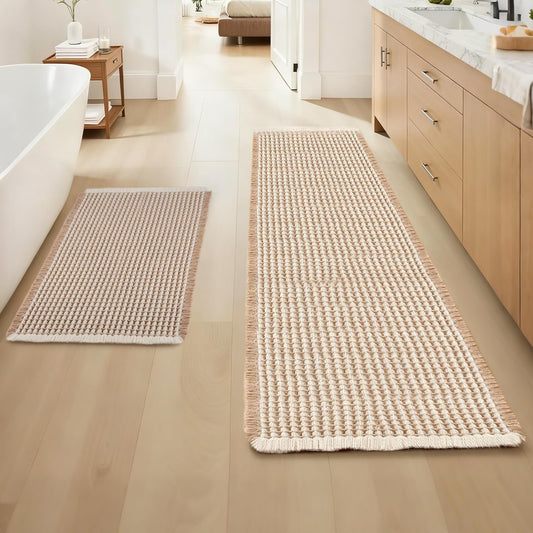 ArtyCozy Waffle Bath Mat Set of 2, Super Absorbent Soft Non-Slip Boho Bath Rugs with Flat-Woven Hot Glue Backing for Bathroom, Machine Washable Bath Mats, 18" × 30" Plus 24" × 72", Brown & White