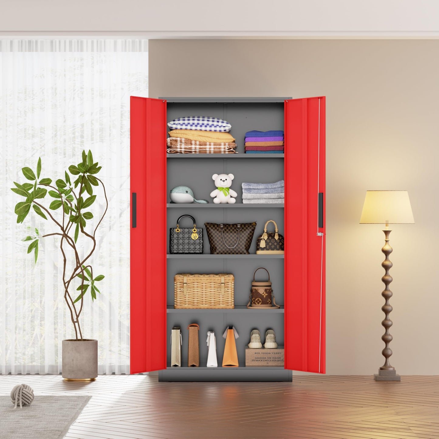 Bonusall 72" Metal Garage Storage Cabinet - 900lbs Heavy Duty Steel Cabinet with 3-Point Locking System & 4 Adjustable Shelves, Lockable Tall Storage for Garage, Office, Warehouse - Black & Red