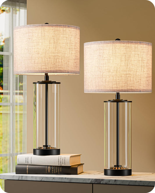 Edishine 23.6 Glass Table Lamp Set Of 2  Diy Refillable Bedside Lamp With Linen Lampshade & Rotary Switch  E26 Base  Nightstand Light For Living Room  Bedroom  Office