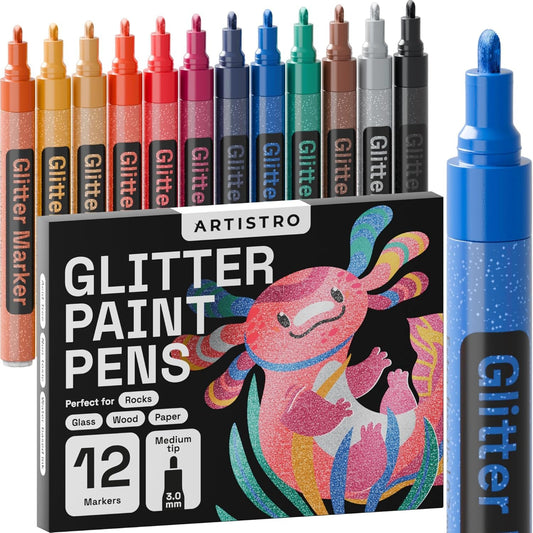 ARTISTRO 12 Glitter Paint Pens Sparkly and Shiny for Rock Painting, Stone, Ceramic, Glass, Wood, Fabric, Scrapbooking, DIY Craft Making, Coloring, Acrylic Glitter Markers Extra-Fine Tip 0.7mm