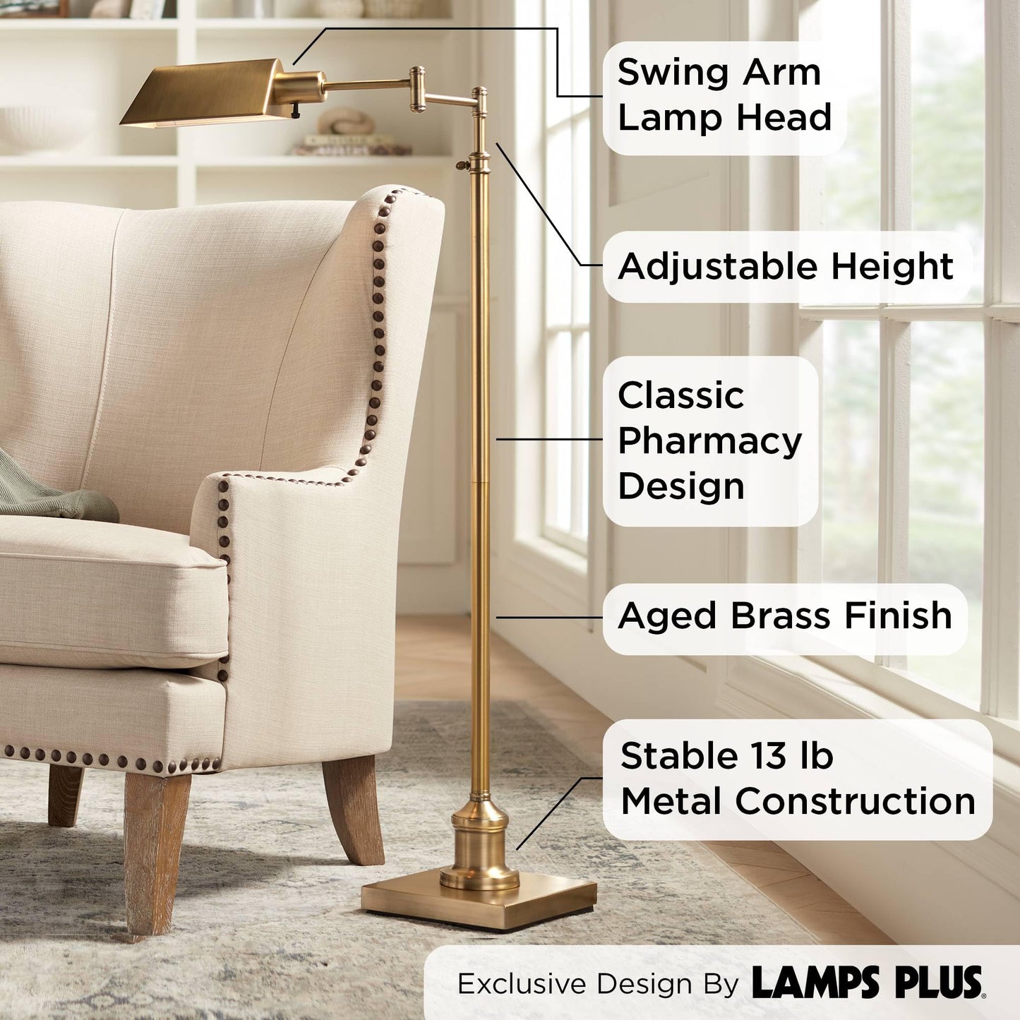 Regency Hill Floor Lamp - Adjustable Pharmacy Style, 54in Tall, Aged Brass Metal Shade, Swing Arm Design for Living Room, Bedroom, Home Office