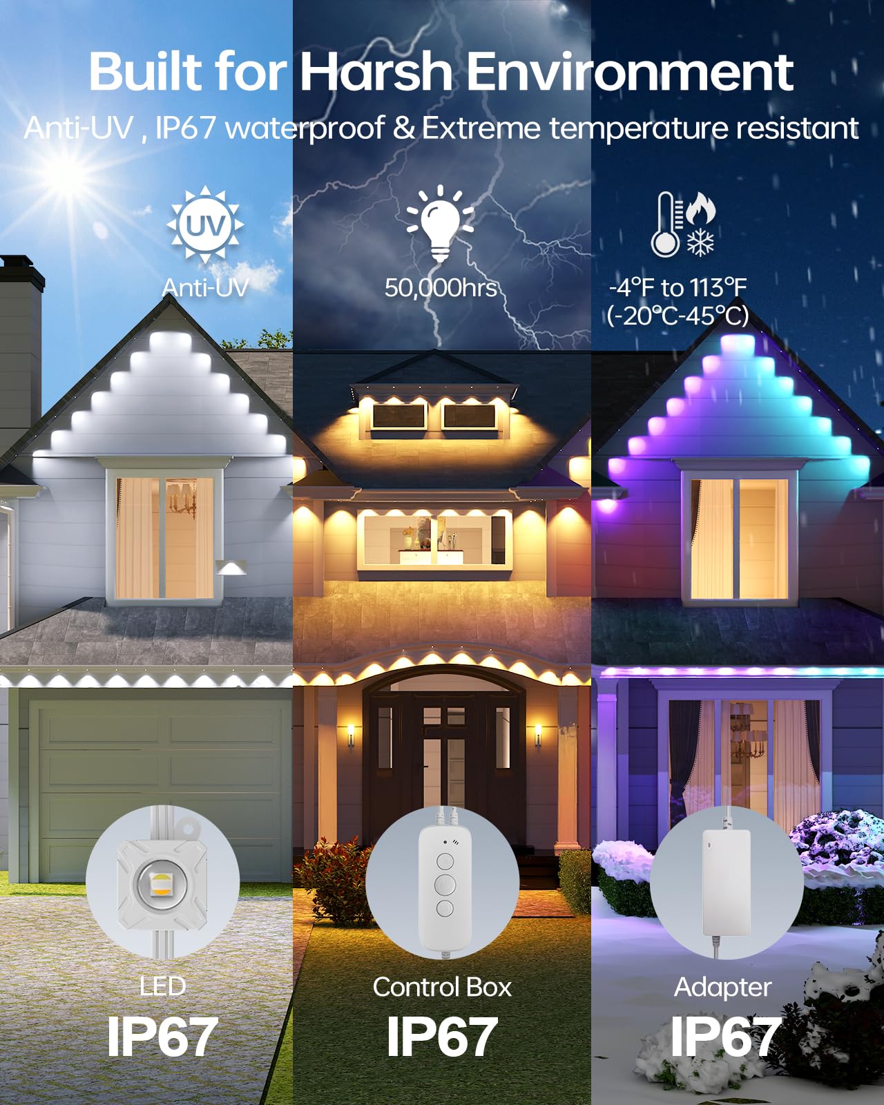Asahom Permanent Outdoor Light Pro S108D  200Ft With 144 Rgbcw Leds  Wled Integration  Ai Lighting  30000 Lighting Effect Combination  Ip67 Waterproof For Christmas New Year Daily Decor  White