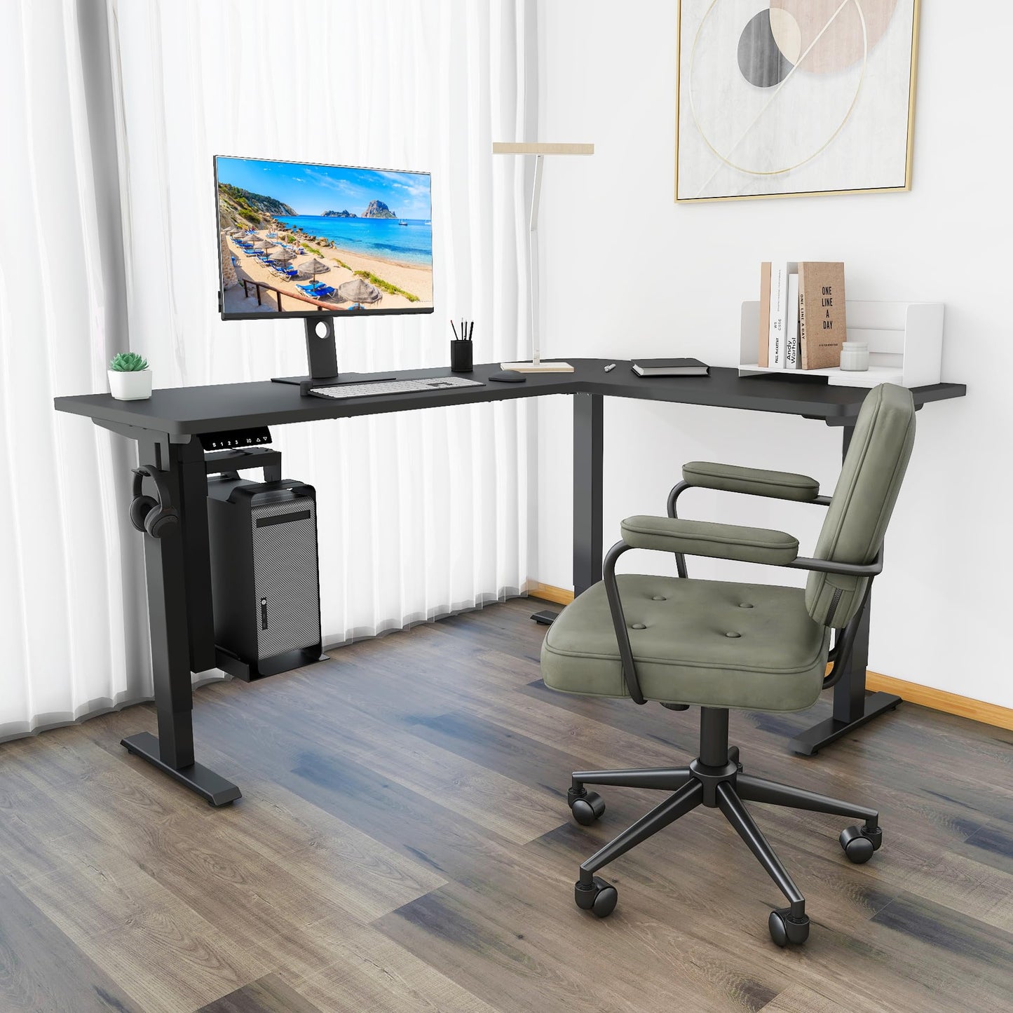 Fromann Adjustable 3 Legs Standing Desk Frame Base Electric Corner Sit-Stand Desk for Home and Office (Black)